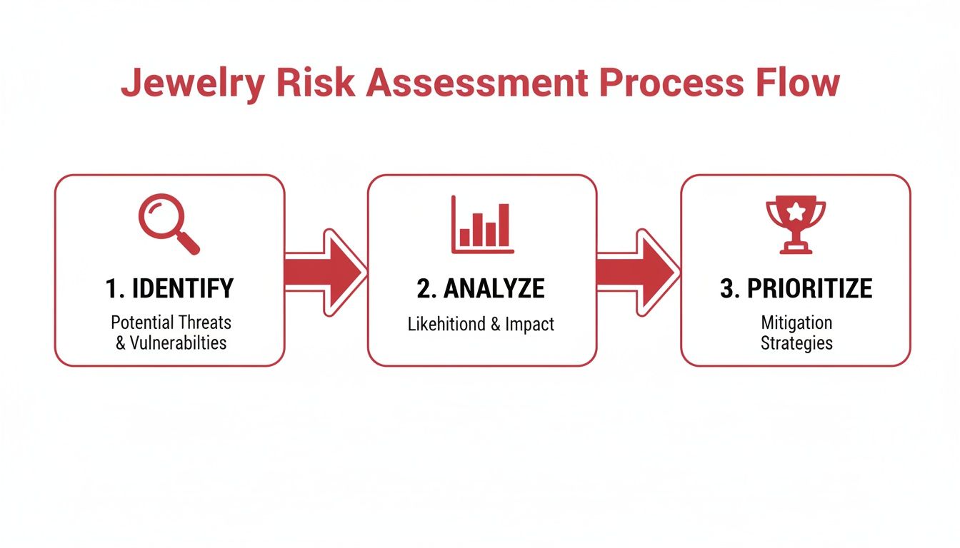 Jewelry Risk Assessment Process Flow diagram showing three steps: Identify, Analyze, and Prioritize risks.