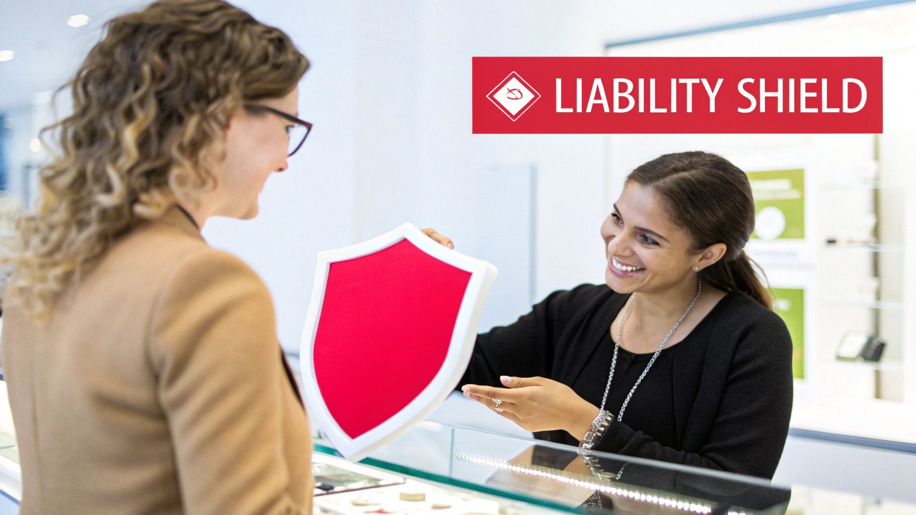 A smiling business professional holds a red shield, explaining "Liability Shield" to a client.