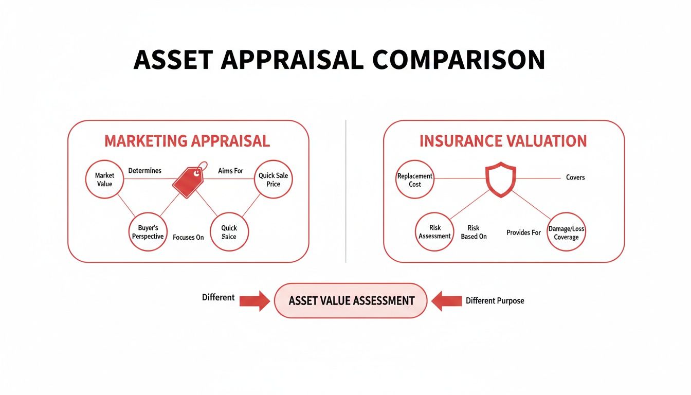 A comparison diagram illustrating Marketing Appraisal versus Insurance Valuation for asset value assessment.