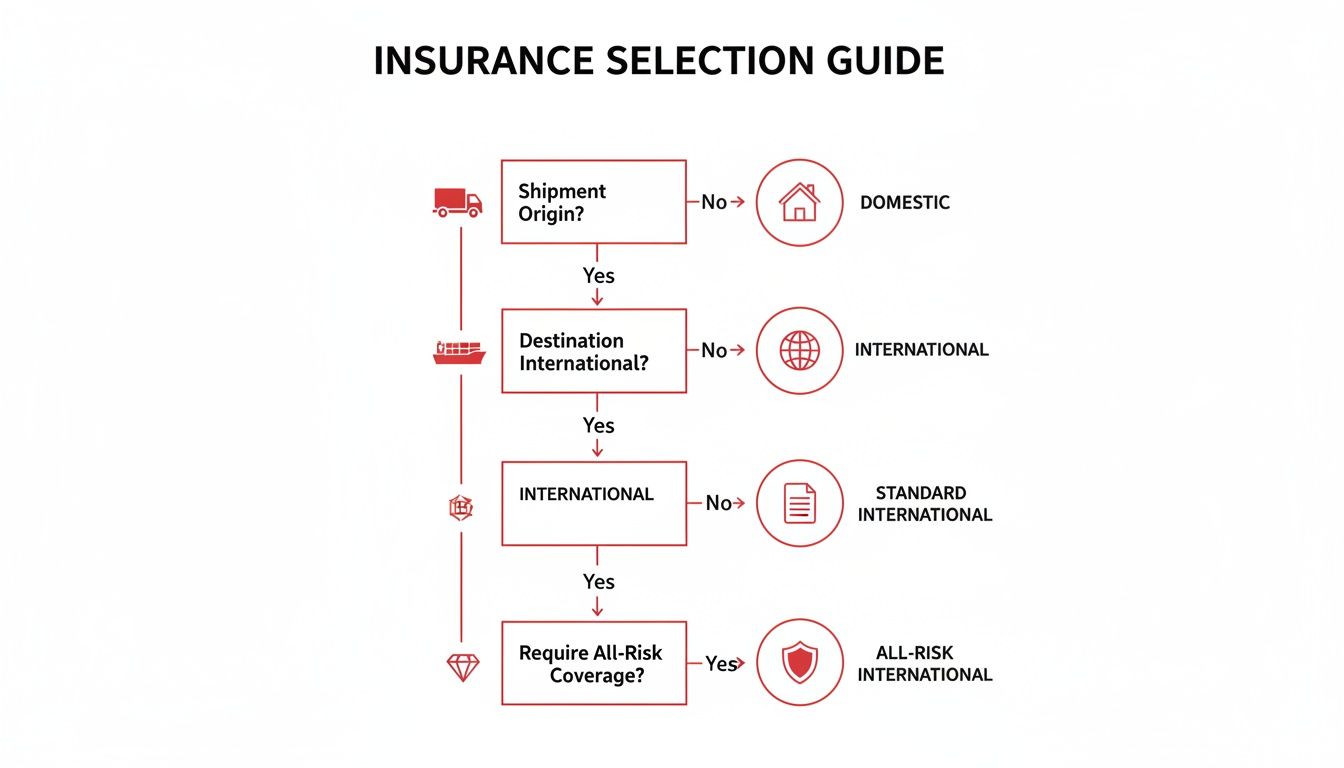 Flowchart guiding insurance selection based on shipment origin, international destination, and coverage type.