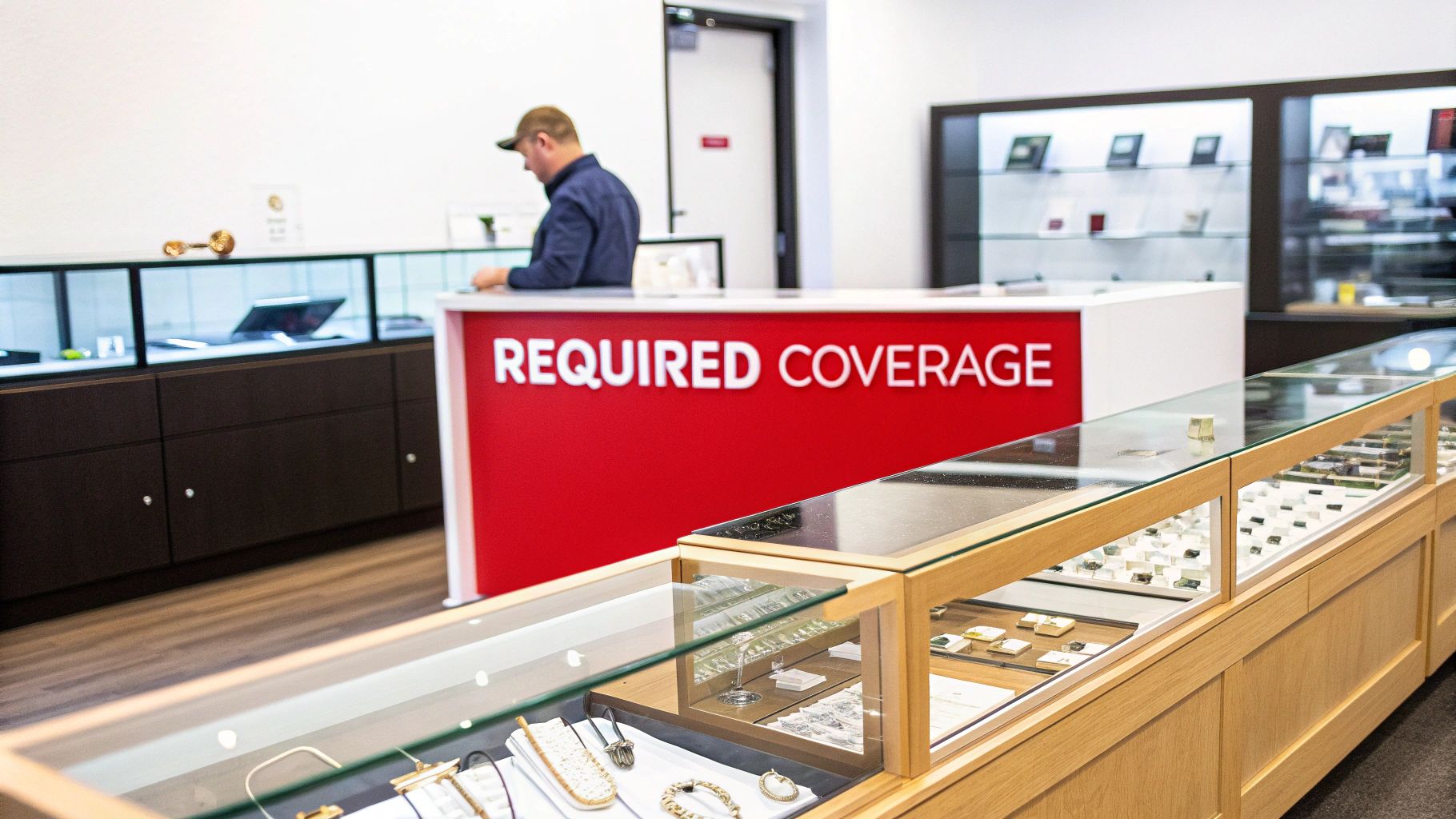 A man stands behind a red counter with 'REQUIRED COVERAGE' in a jewelry store.