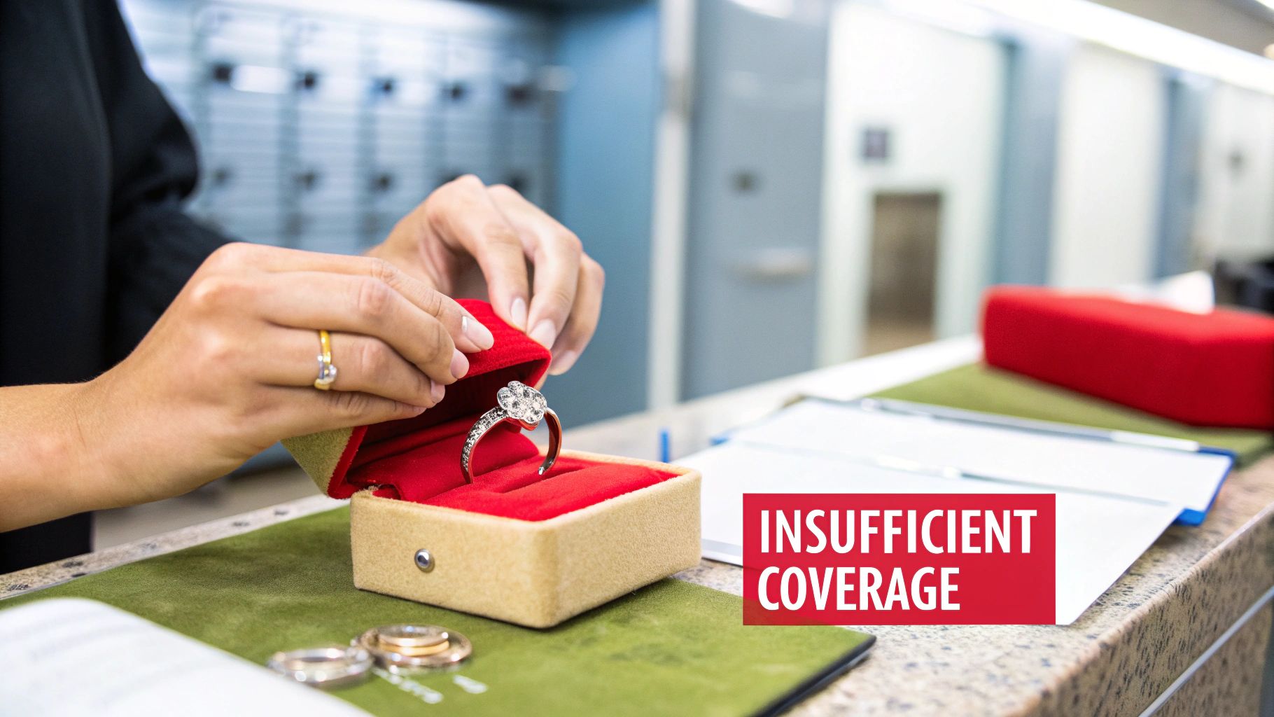 A person carefully places a diamond ring into a red velvet box, with 'INSUFFICIENT COVERAGE' text.