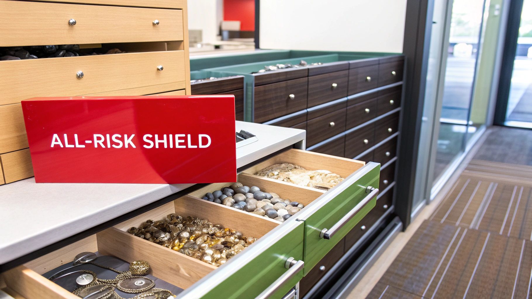 Open wooden drawers display various jewelry and decorative items, with a red 'ALL-RISK SHIELD' sign.