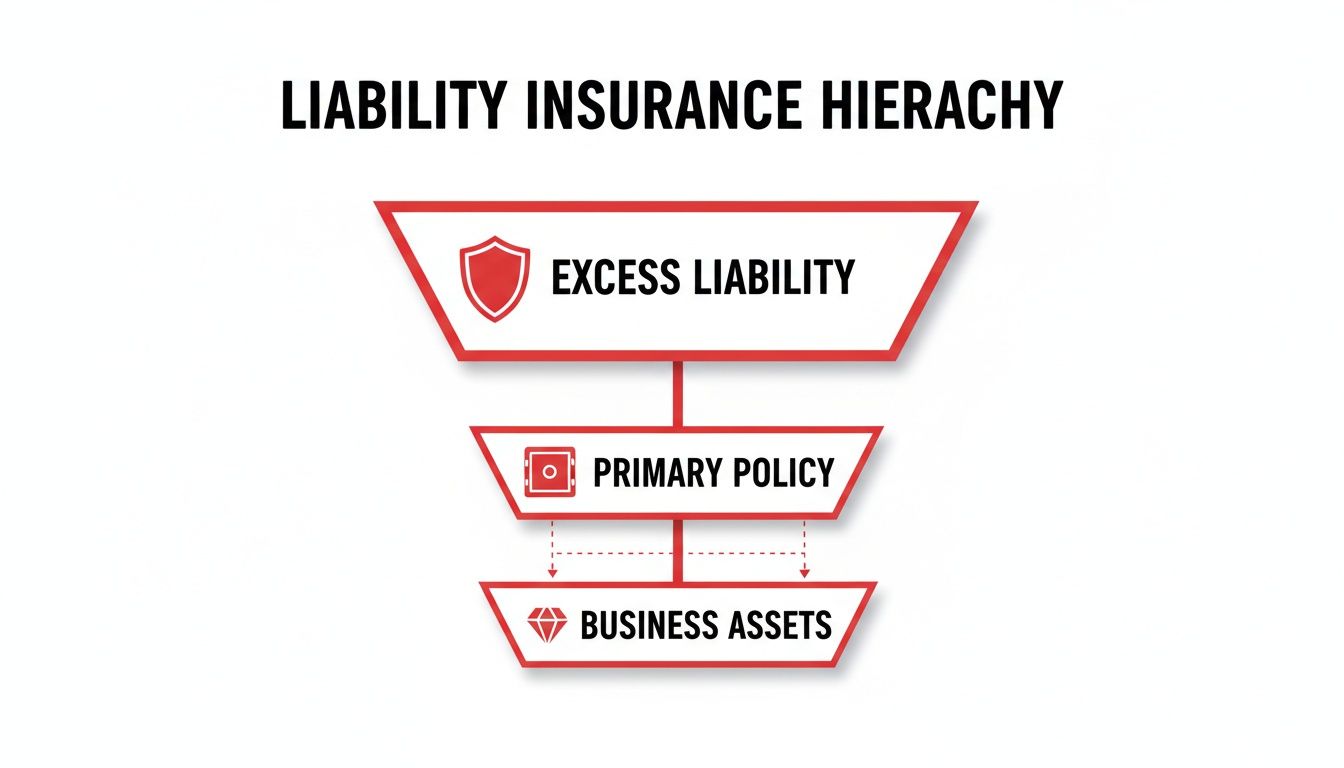 A diagram illustrating the liability insurance hierarchy, including excess liability, primary policy, and business assets.