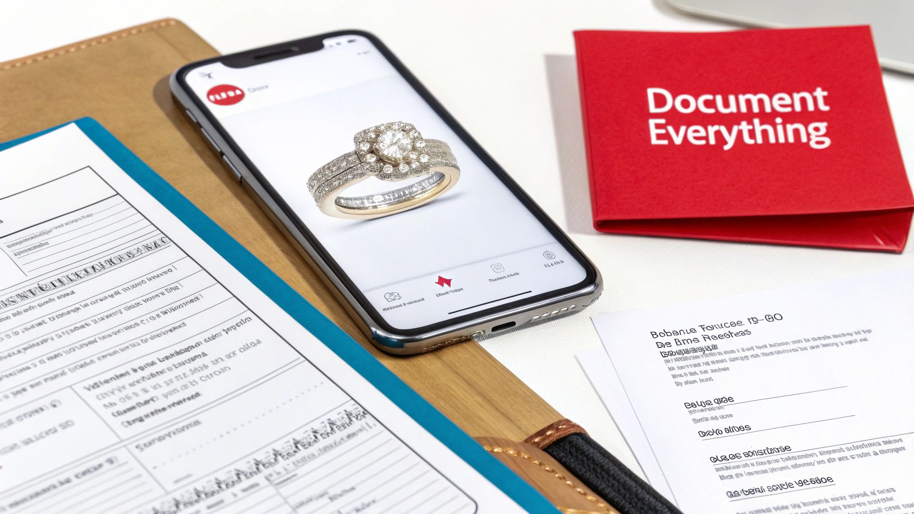 Smartphone displaying a diamond ring next to a red folder titled 'Document Everything' and other papers.