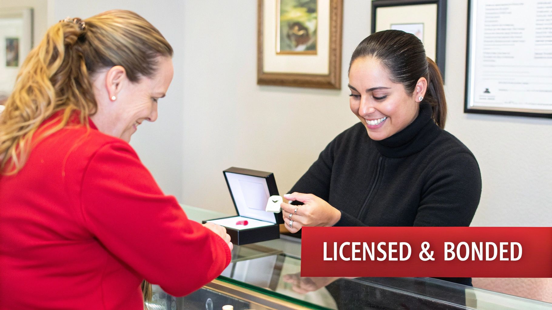 Two women smiling at a jewelry counter, one showing a ring in a box, signifying licensed and bonded service.