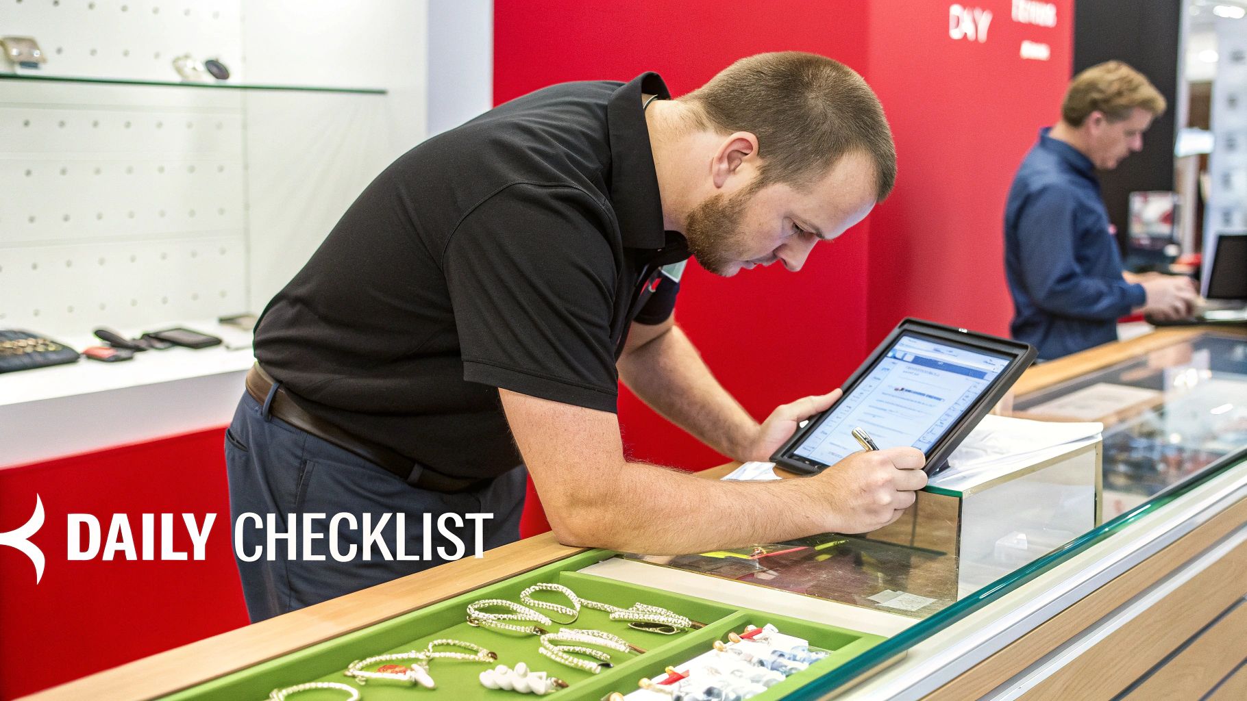 Man in black polo shirt using a tablet for a daily checklist in a retail store.