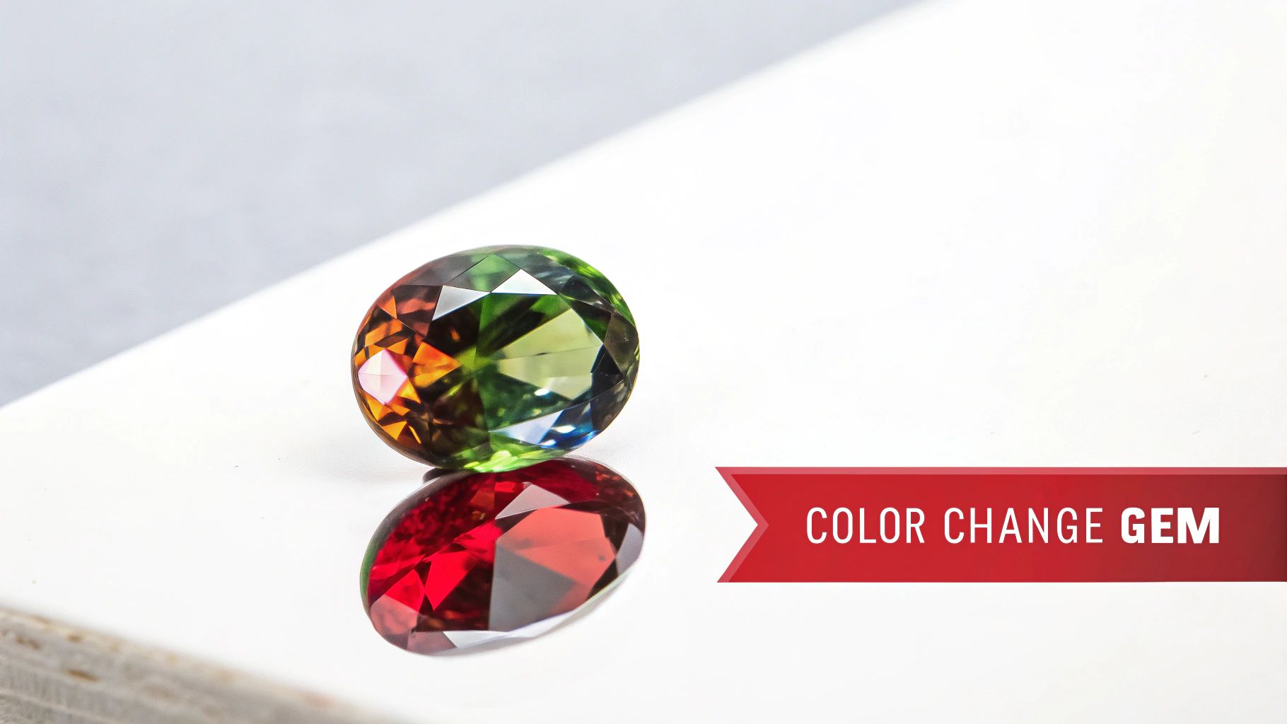 A faceted color-changing gemstone showing vibrant green, orange, and red hues with a matching reflection.