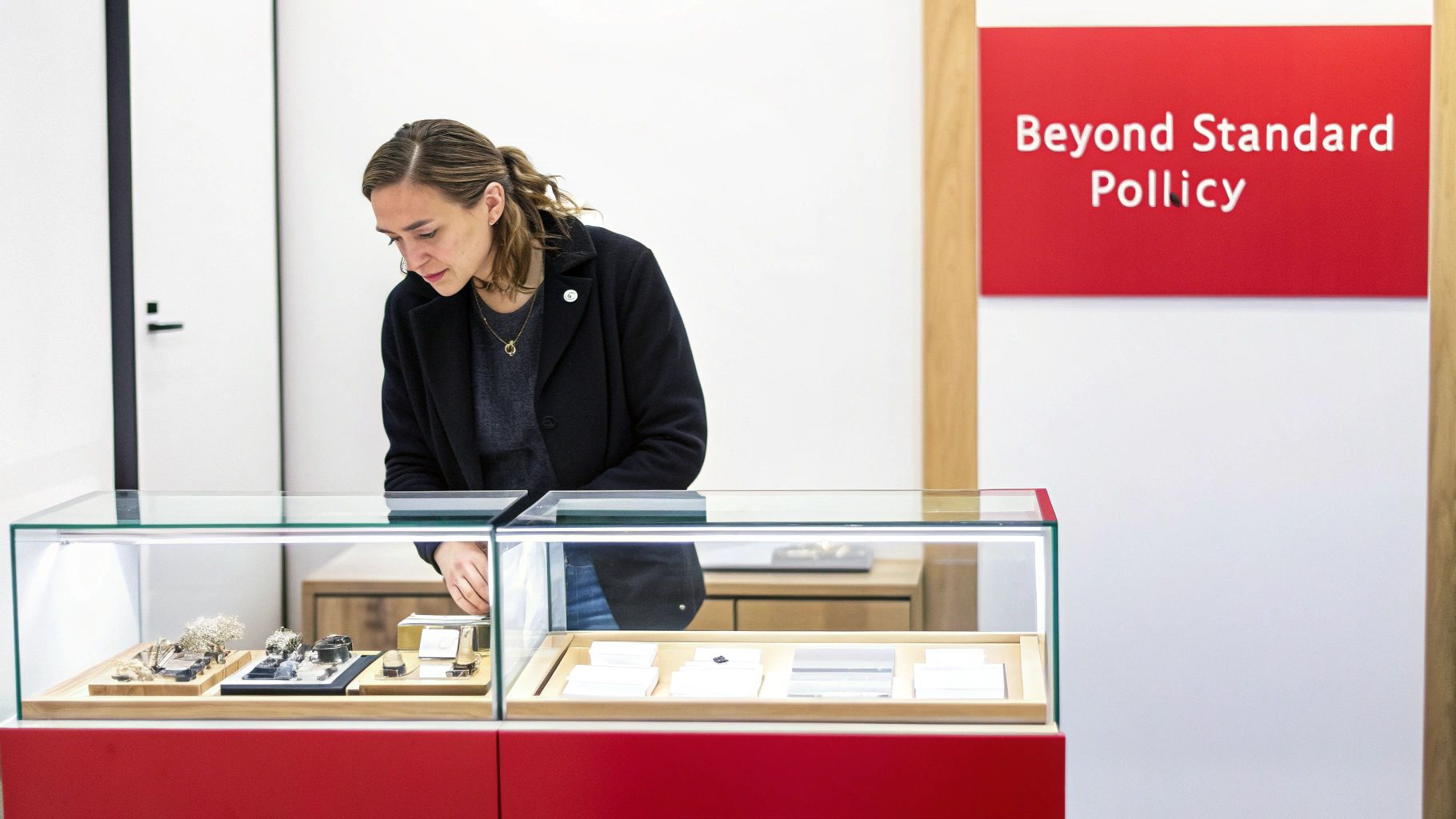 A woman looks intently at jewelry displayed in a glass case in a modern store.