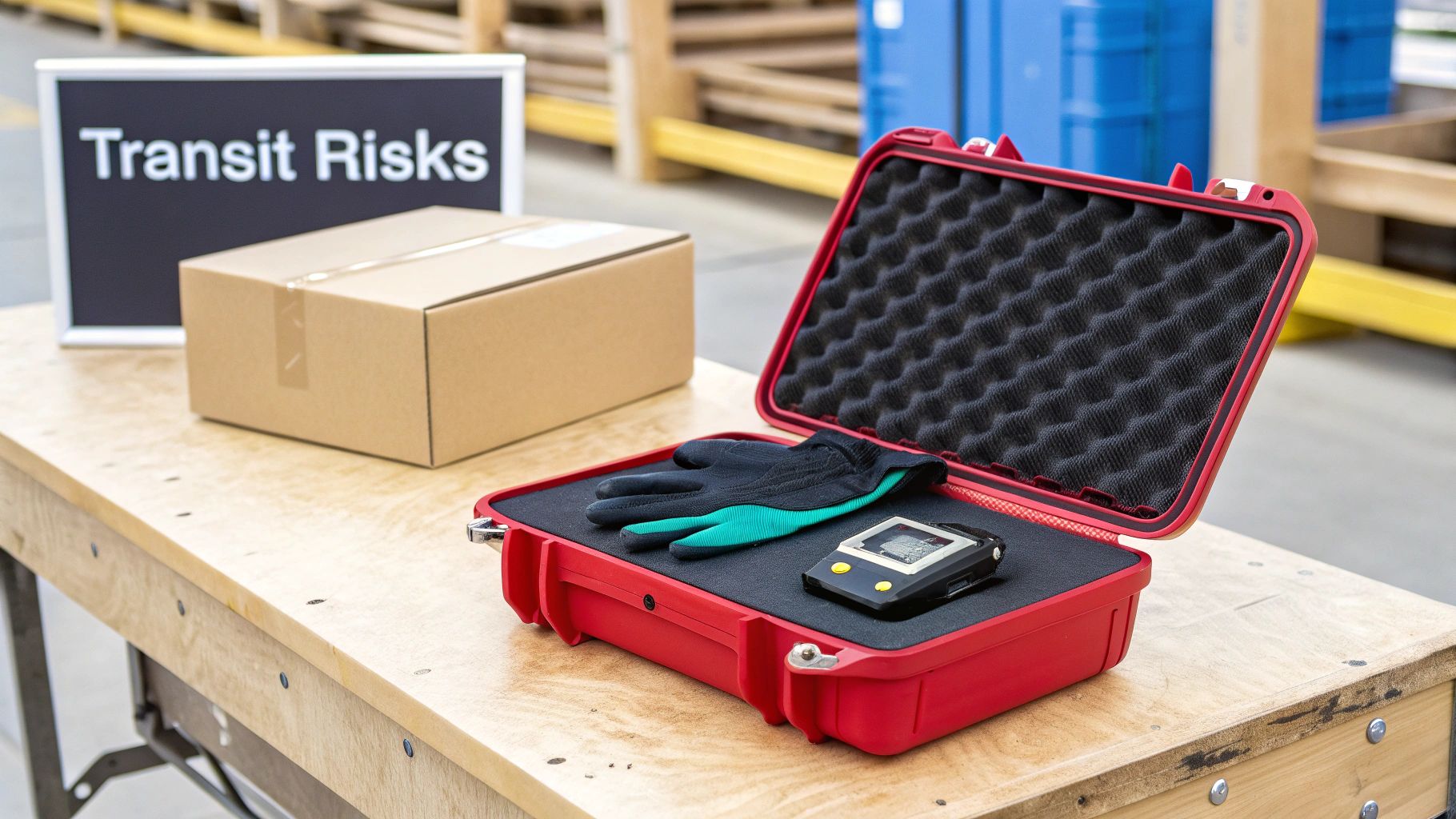 Red protective case open on a wooden table, containing a glove, data logger, and 'Transit Risks' sign.