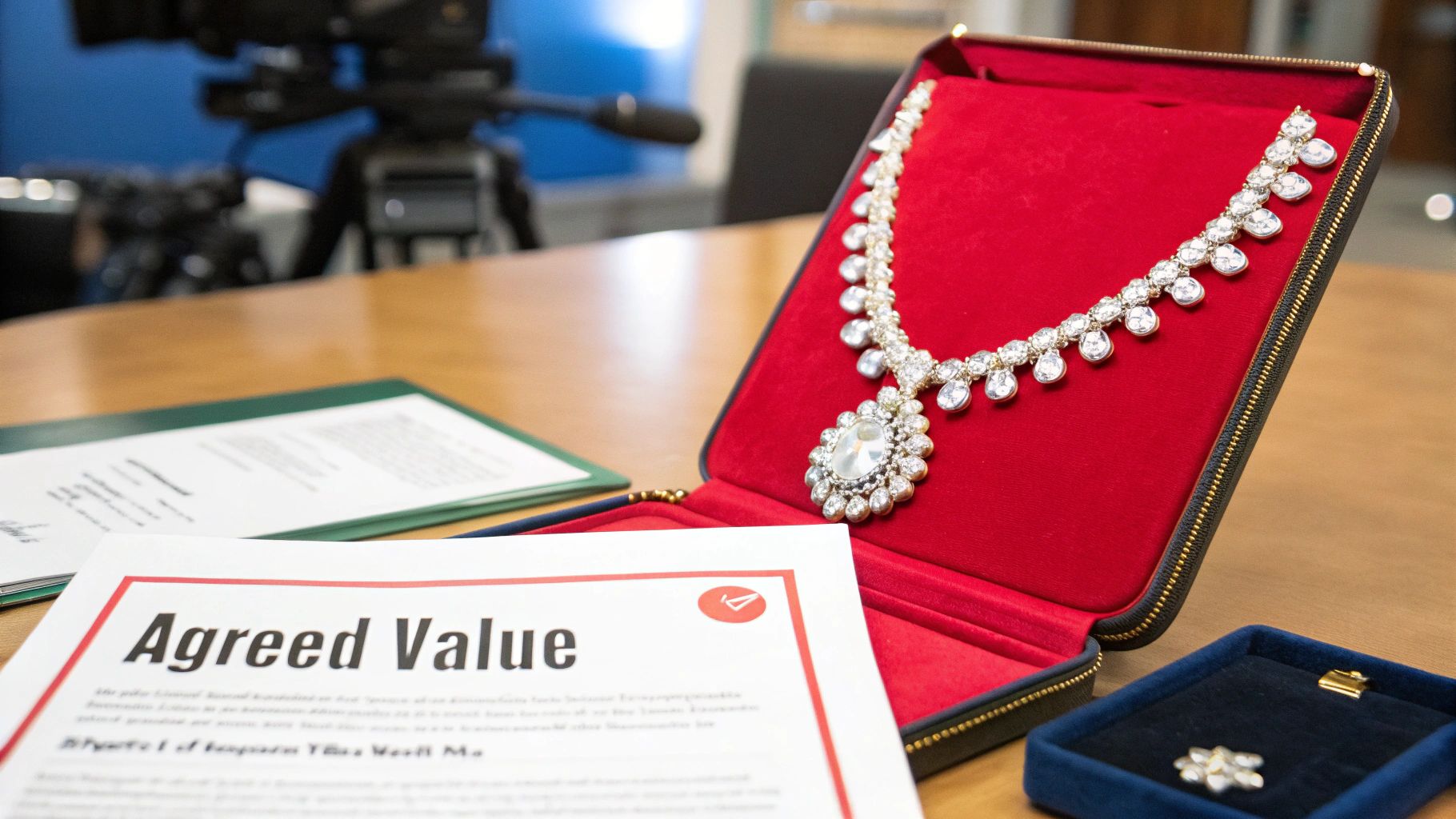 A sparkling diamond necklace in a red velvet case with an 'Agreed Value' document on a table.