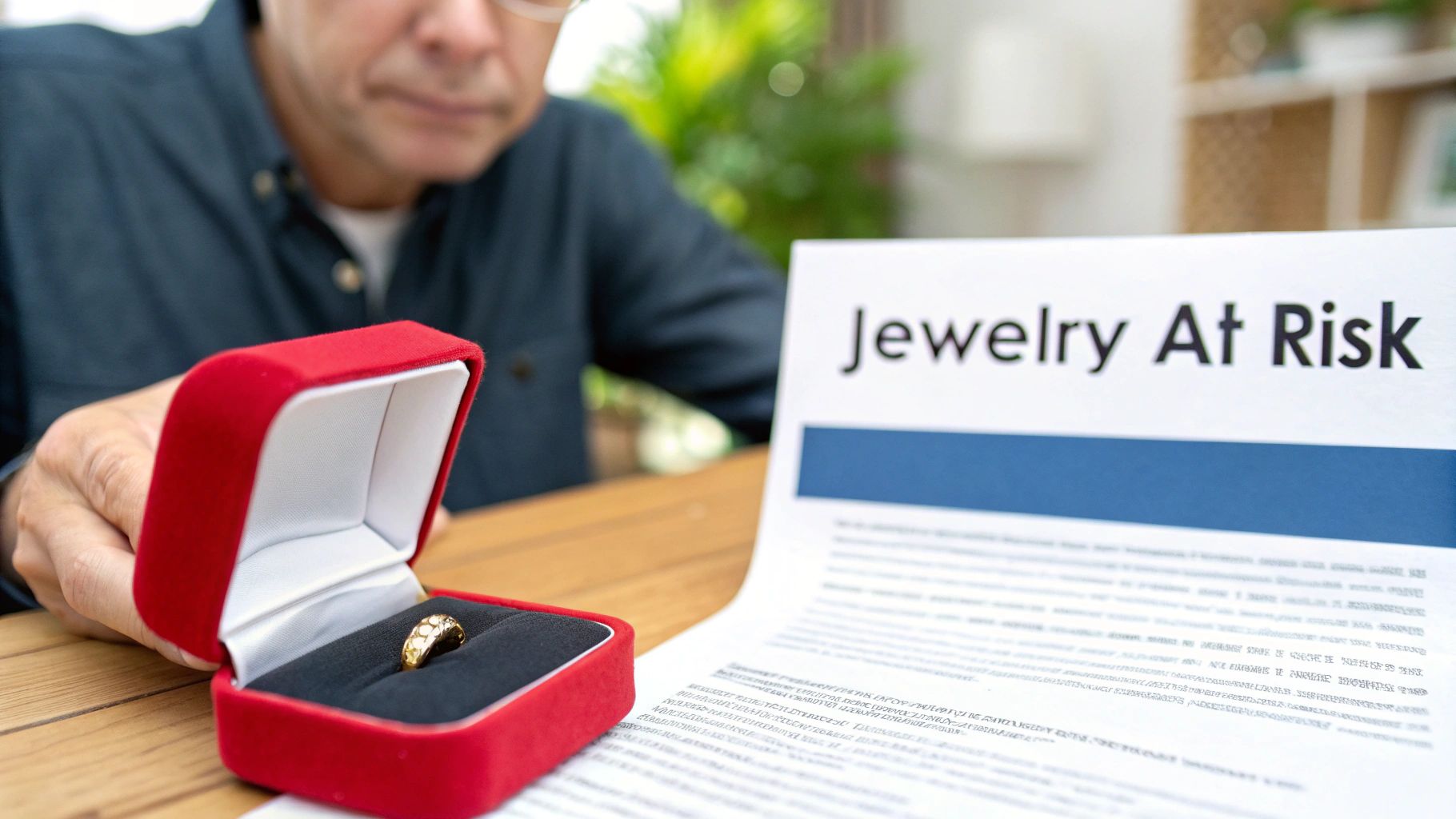 A man holding a red jewelry box with a gold ring, reading a document titled 'Jewelry At Risk'.