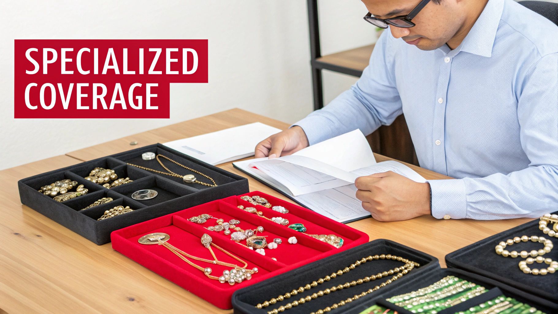 A man reviews documents with multiple trays of valuable jewelry on a wooden table, emphasizing specialized coverage.