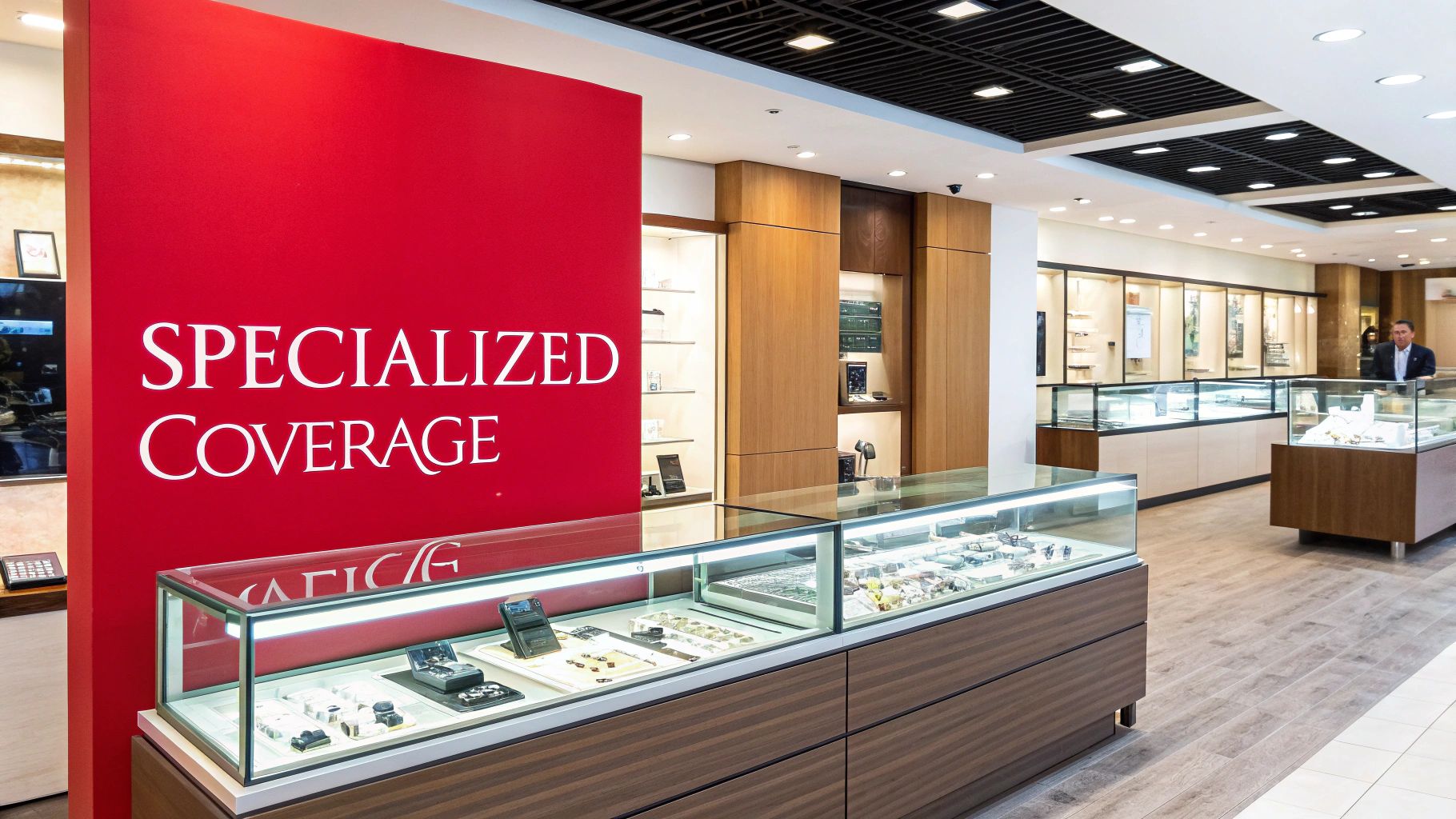 A well-lit, luxurious jewelry store display case filled with rings and necklaces.