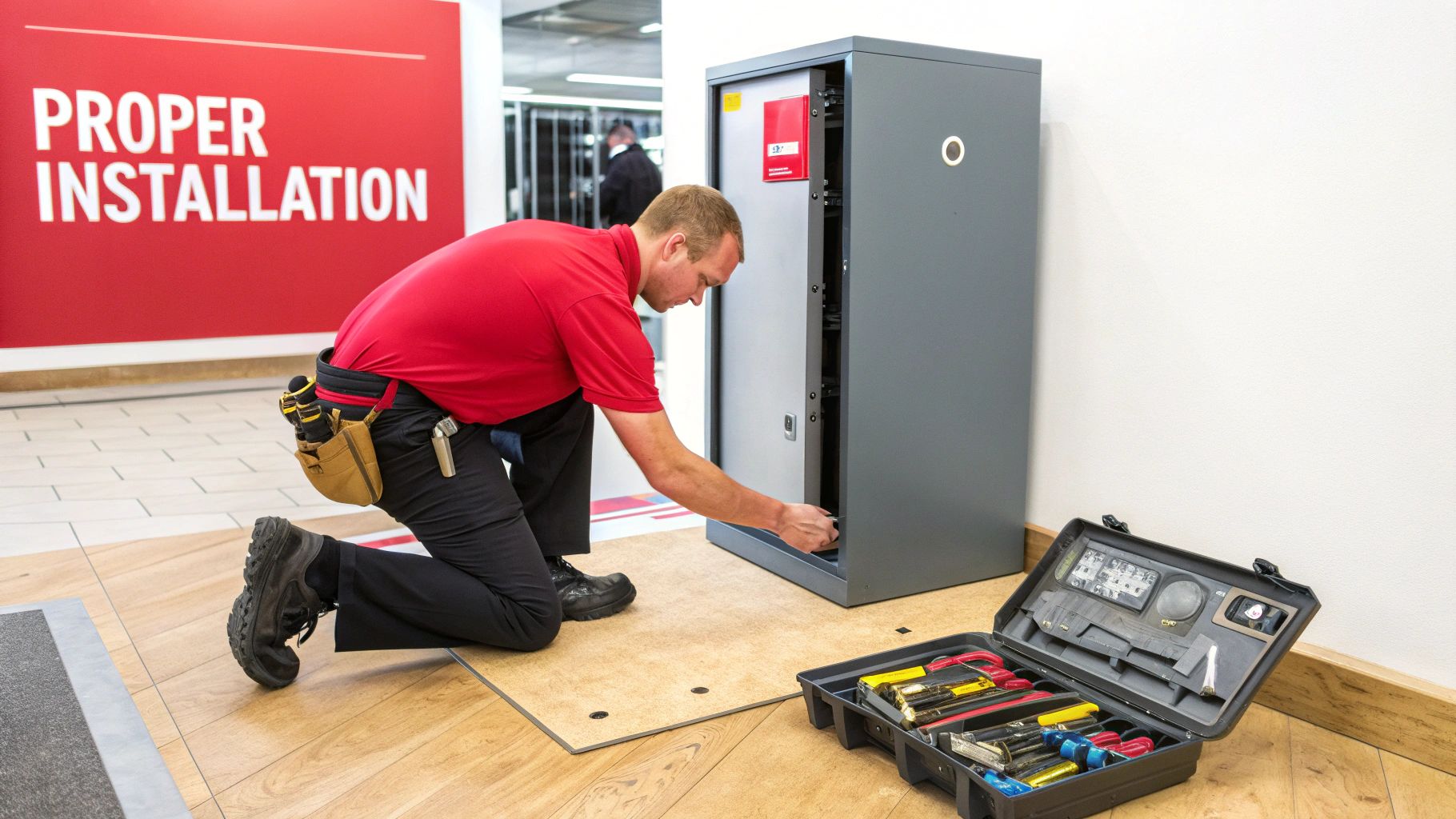 A man in a red shirt kneels, installing a grey cabinet, with tools nearby.