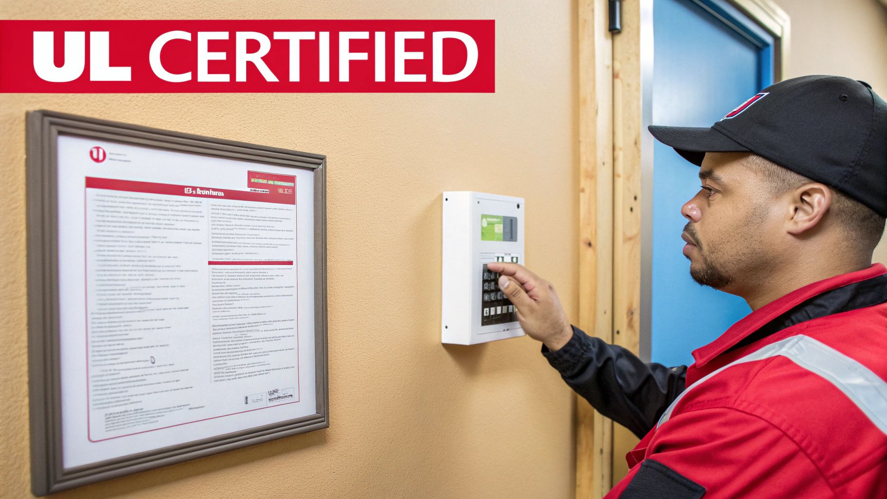 A technician operates a UL certified central station alarm monitoring system keypad.