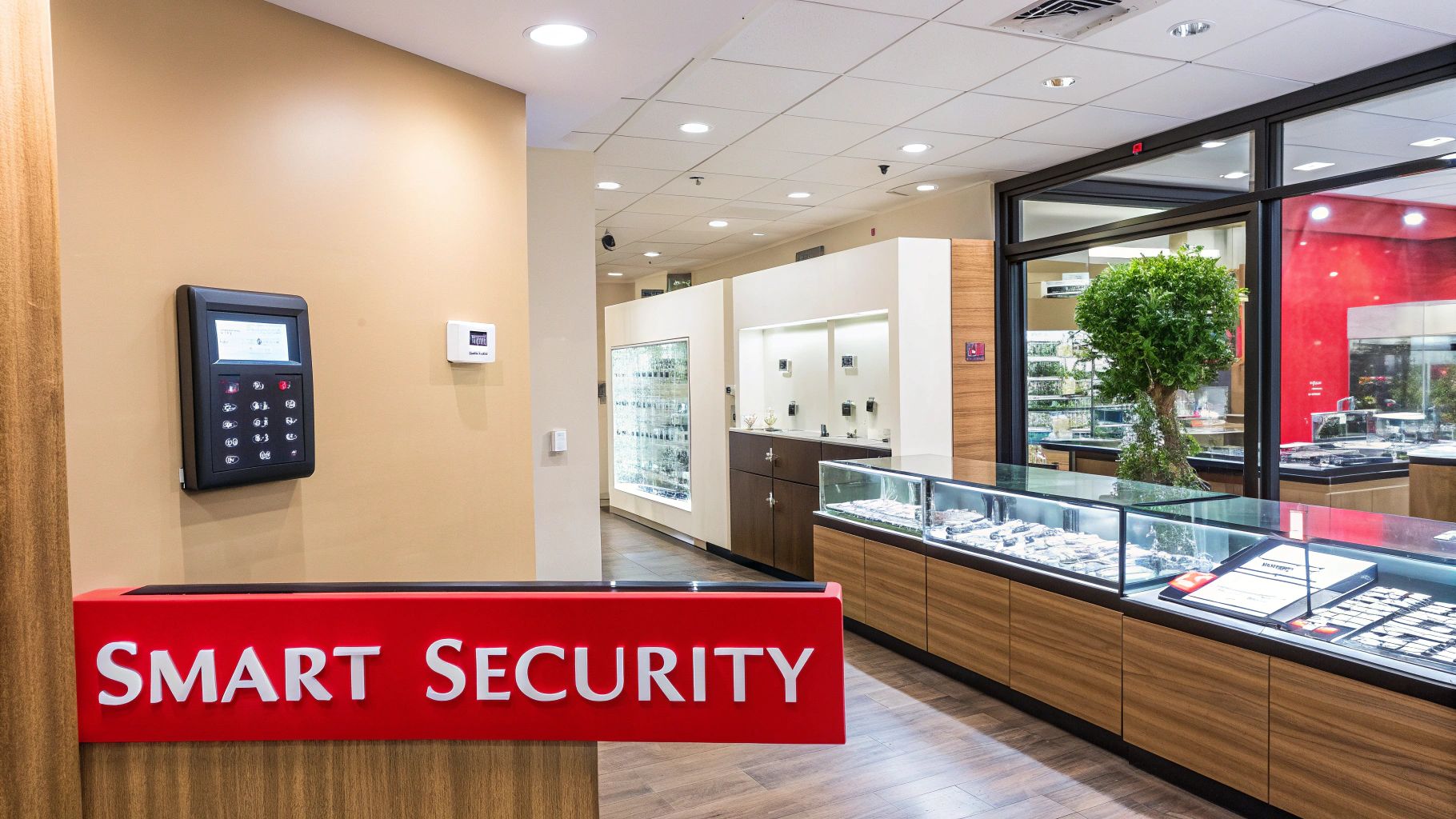 A 'SMART SECURITY' sign with a black keypad on a beige wall inside a retail jewelry store.