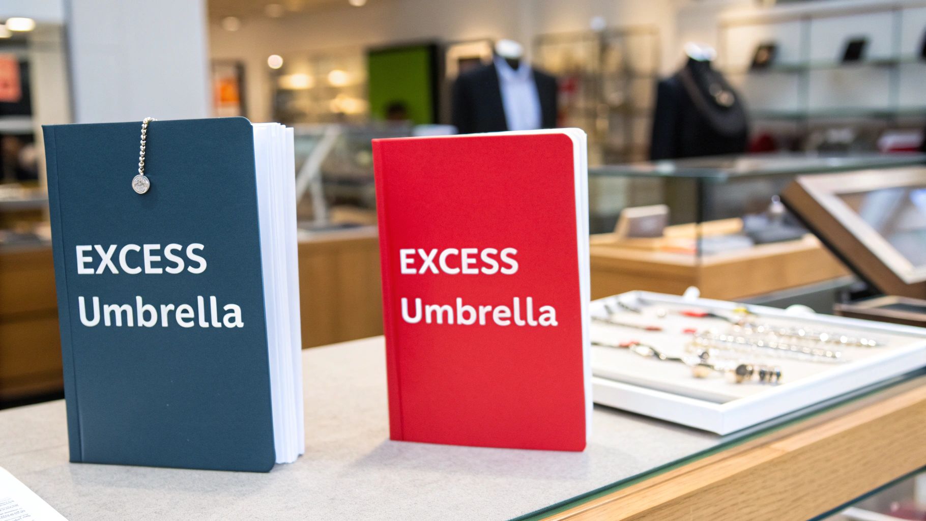 Two books, one blue and one red, titled 'EXCESS Umbrella' on a counter.