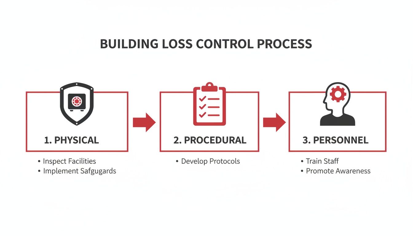 Diagram outlining the building loss control process with physical, procedural, and personnel steps.