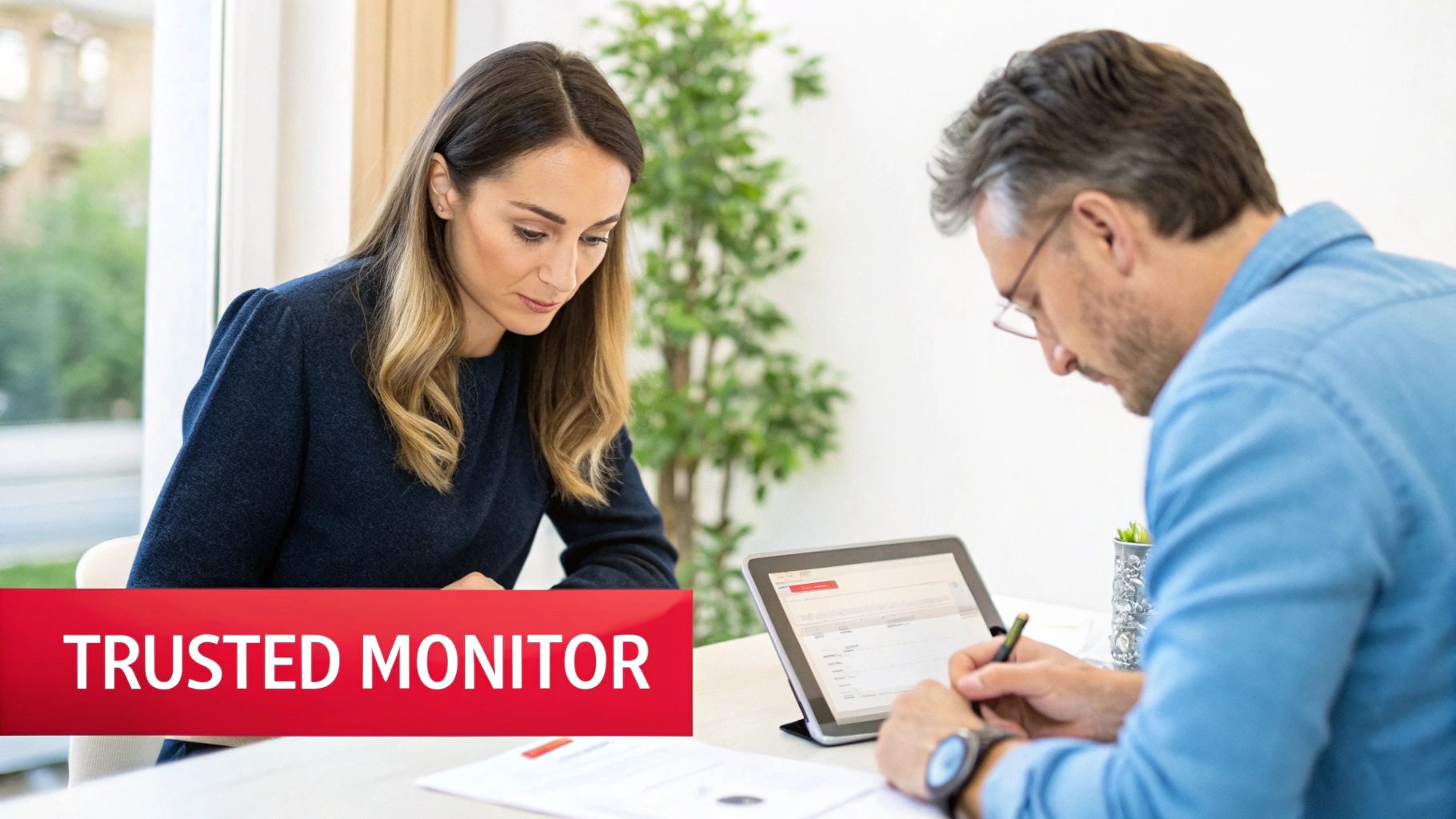 Two professionals reviewing documents and using a tablet in a bright office environment.