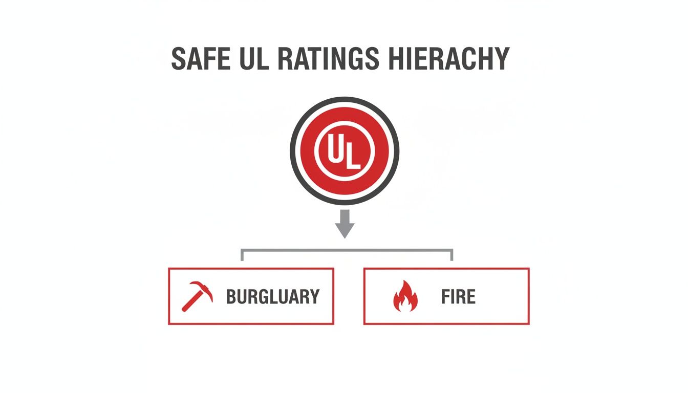 Diagram showing SAFE UL RATINGS HIERARCHY, splitting into BURGLARY and FIRE categories.