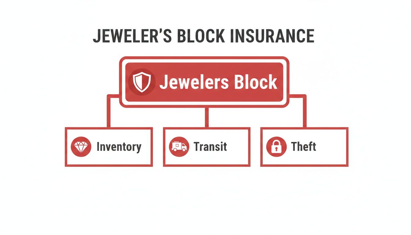 Jeweler's Block Insurance diagram illustrating coverage for inventory, transit, and theft protection.