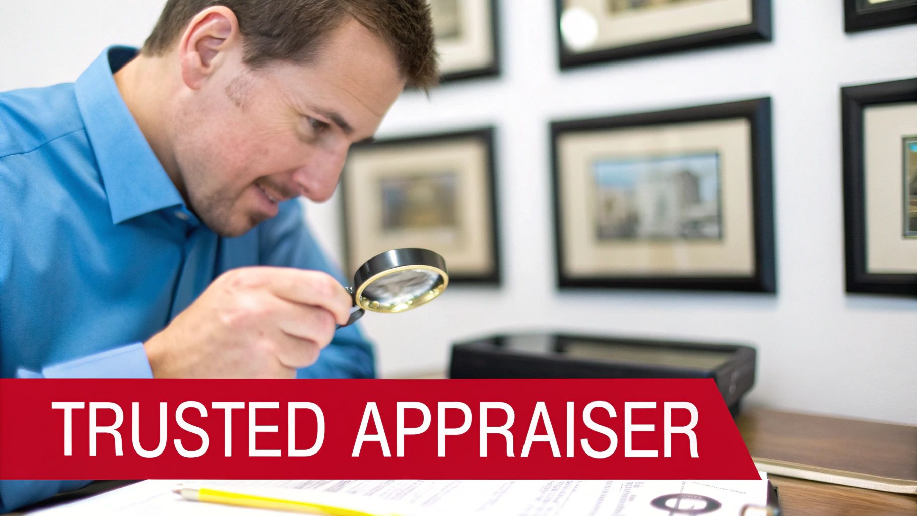 A trusted appraiser in a blue shirt uses a magnifying glass to examine a document.