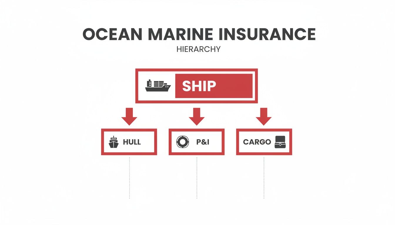 A hierarchy diagram showing Ocean Marine Insurance components: Ship, Hull, P&I, and Cargo.