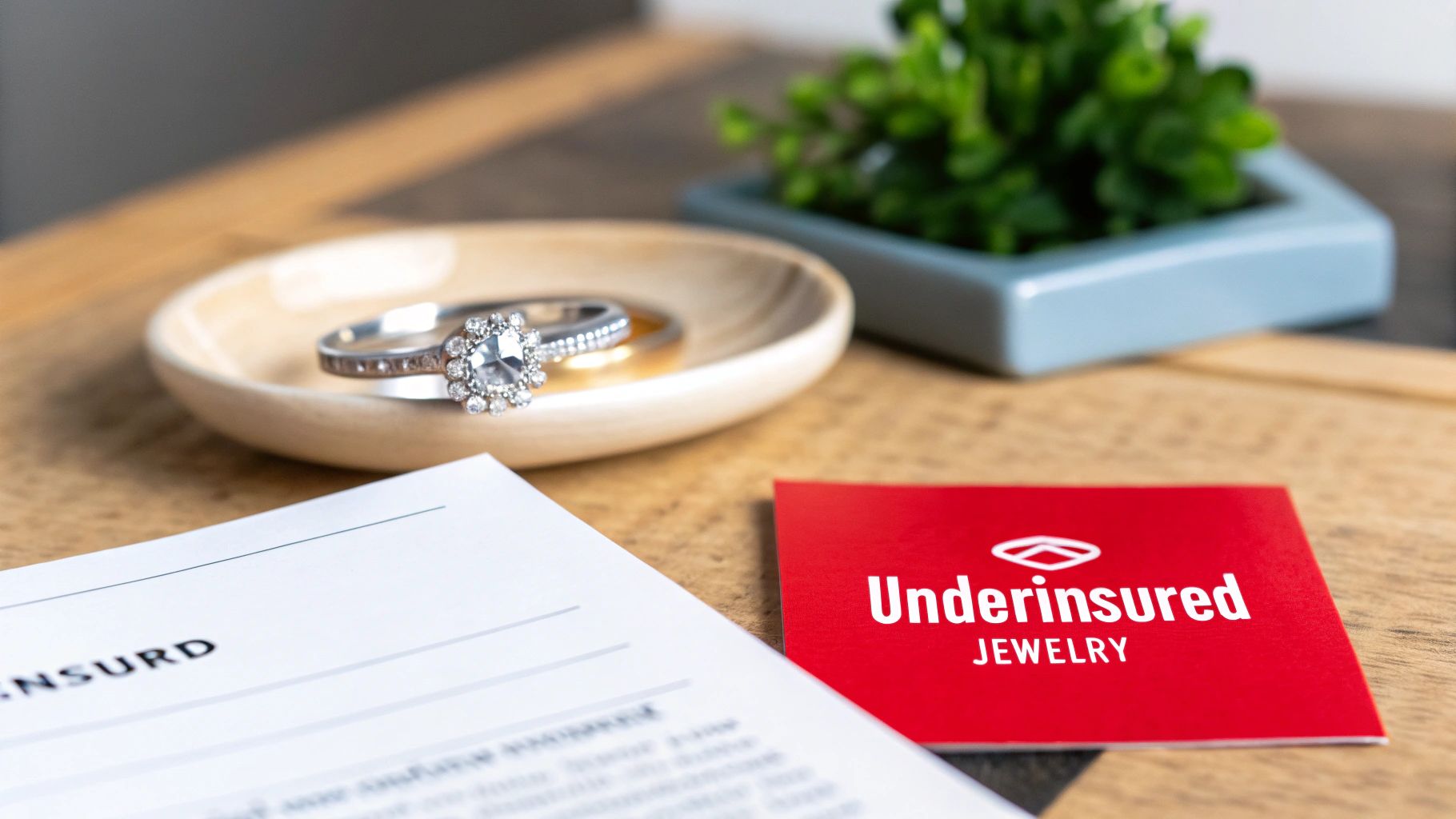 A sparkling diamond ring rests on a wooden dish, next to a red business card for 'Underinsured Jewelry' and a document.