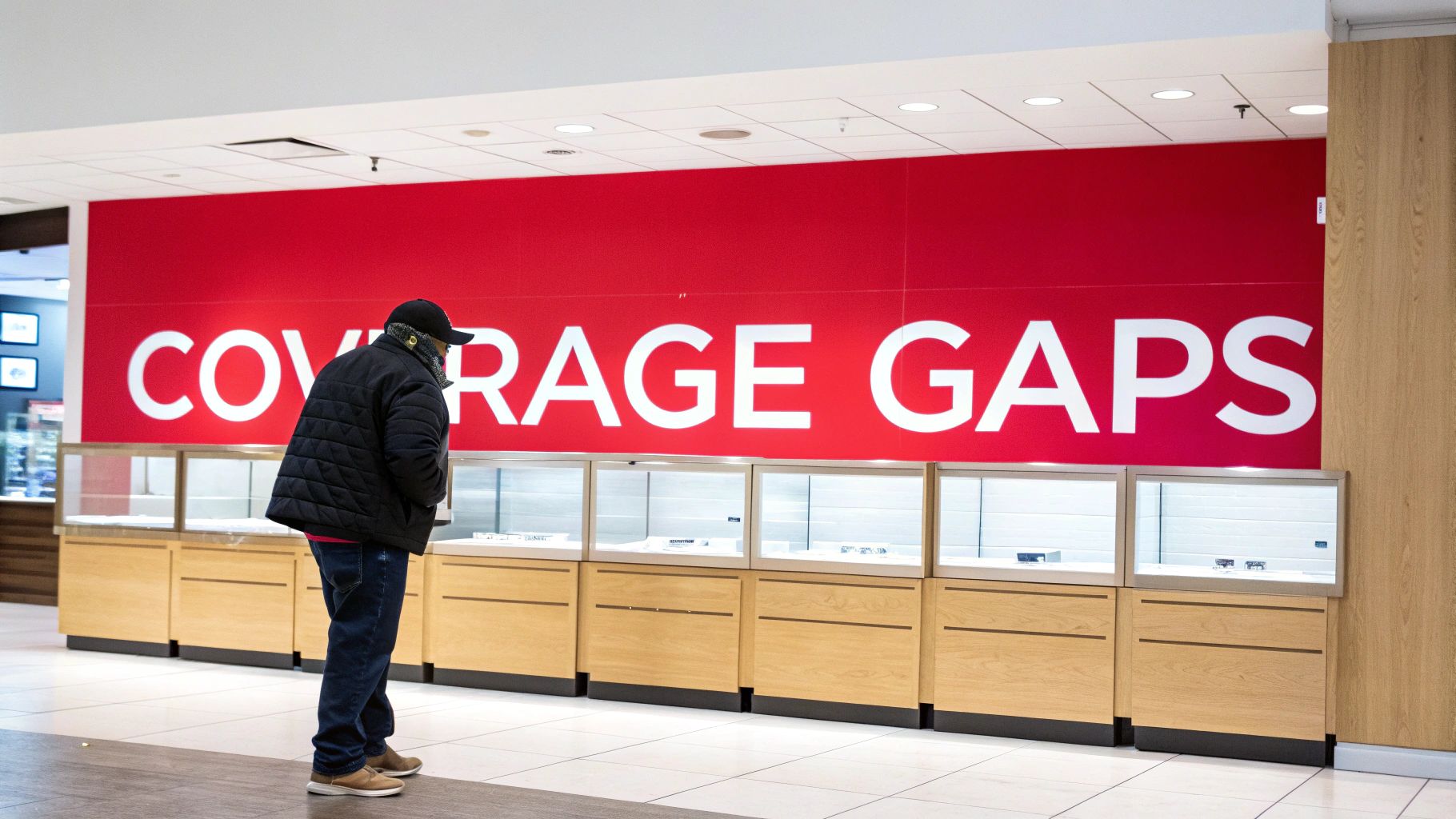A person in a black jacket views mostly empty display cases below a red 'COVERAGE GAPS' sign.