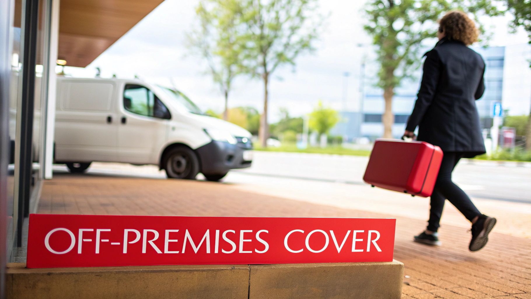 A red sign reading 'OFF-PREMISES COVER' in front of a person with a red briefcase and a white van.