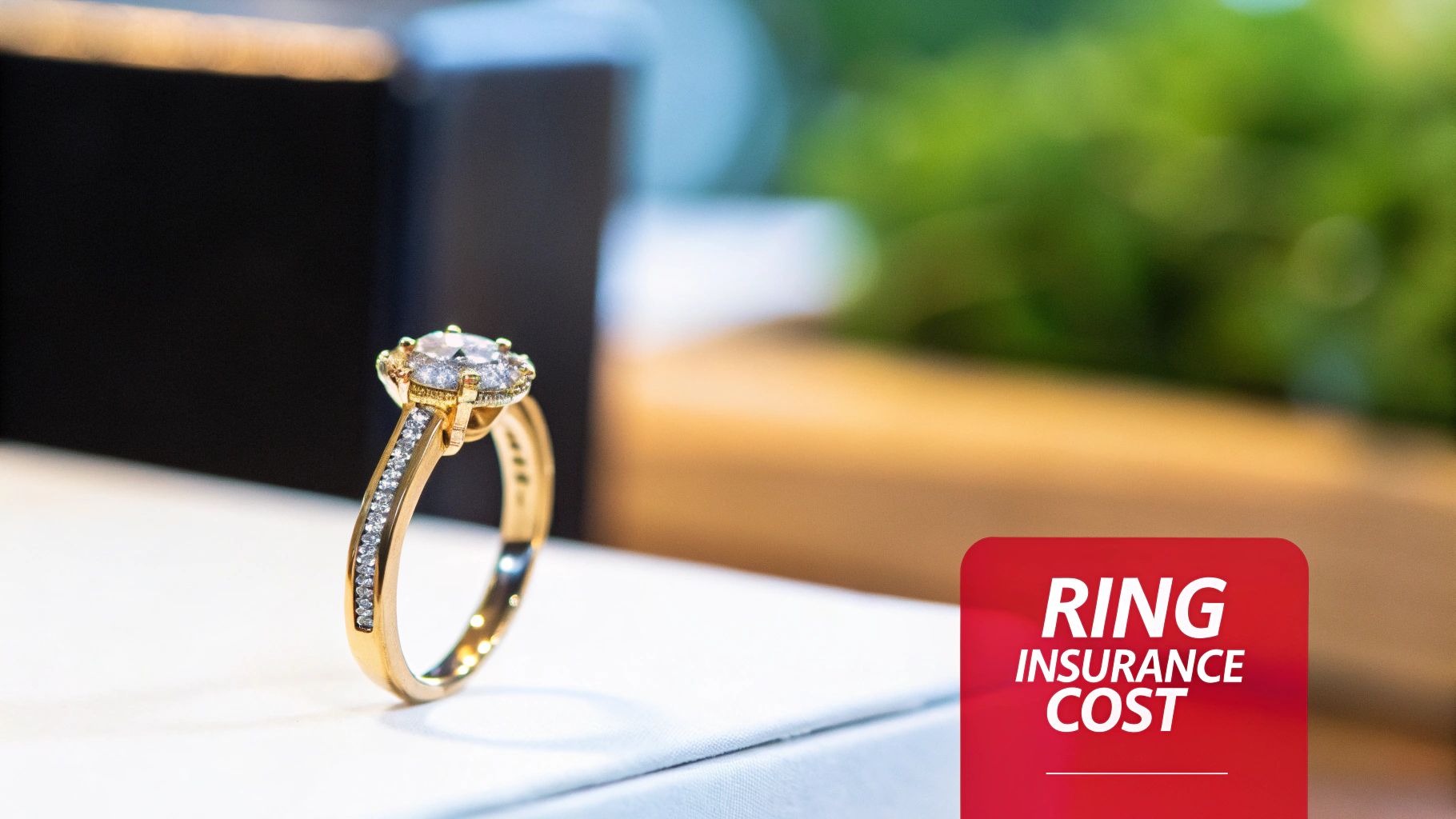 A sparkling gold diamond ring on a white display next to a red sign for ring insurance cost.