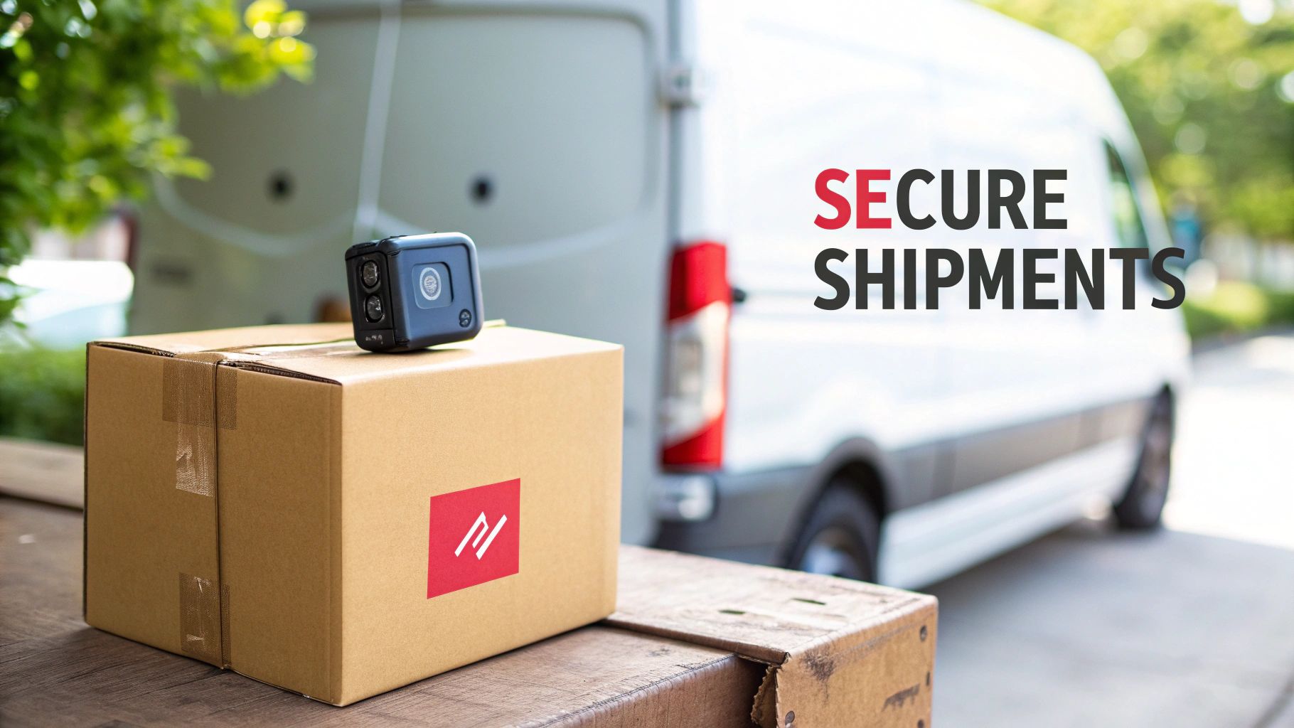 A package with a tracking device sits in front of a delivery van, emphasizing secure shipments.