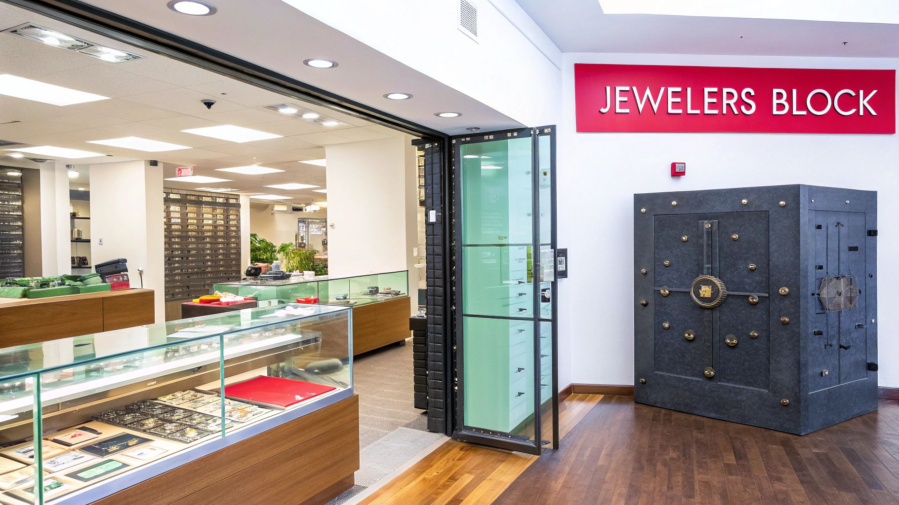A secure entrance to Jewelers Block, featuring a large vault and illuminated jewelry display cases.