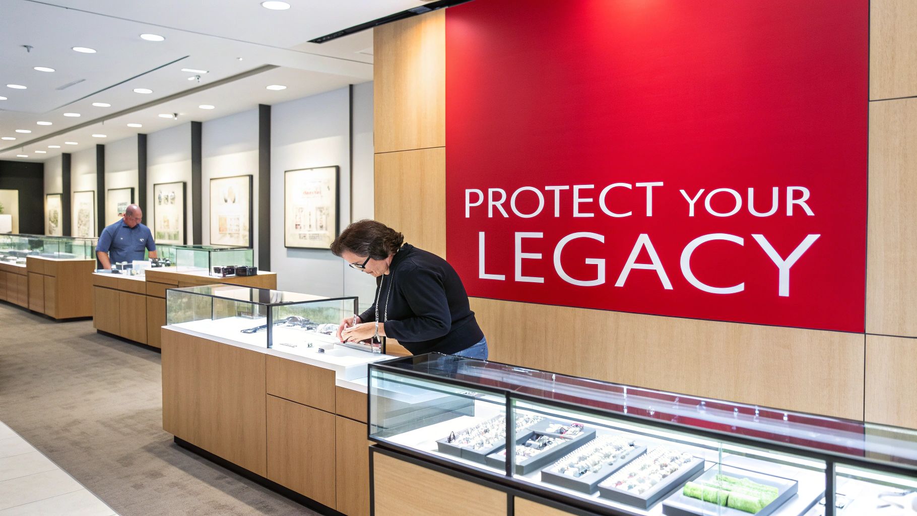 A woman examines jewelry at a counter in a modern retail store with a red sign.