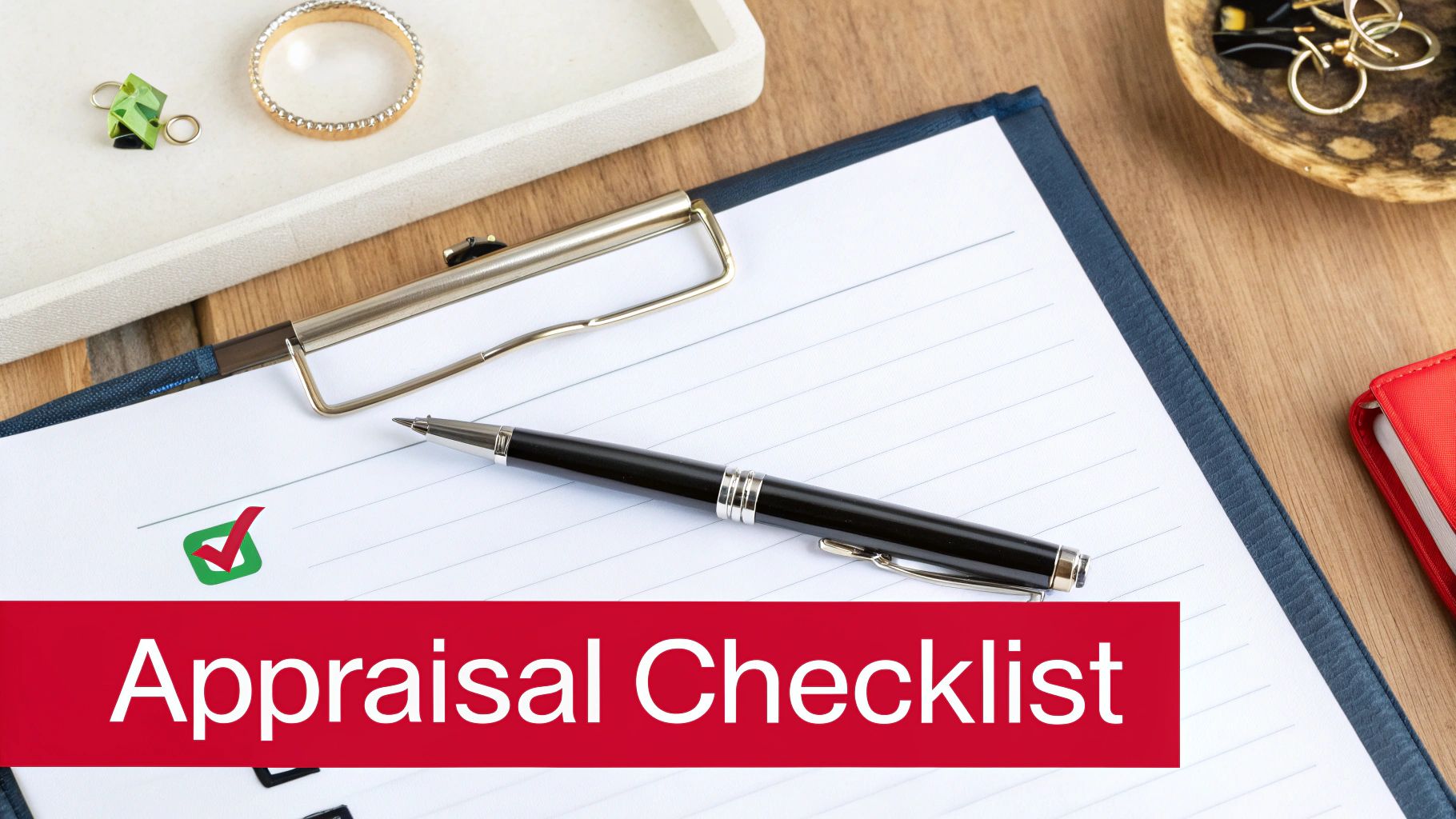 A clipboard with a pen, displaying an 'Appraisal Checklist' and a green checkmark icon on a desk.