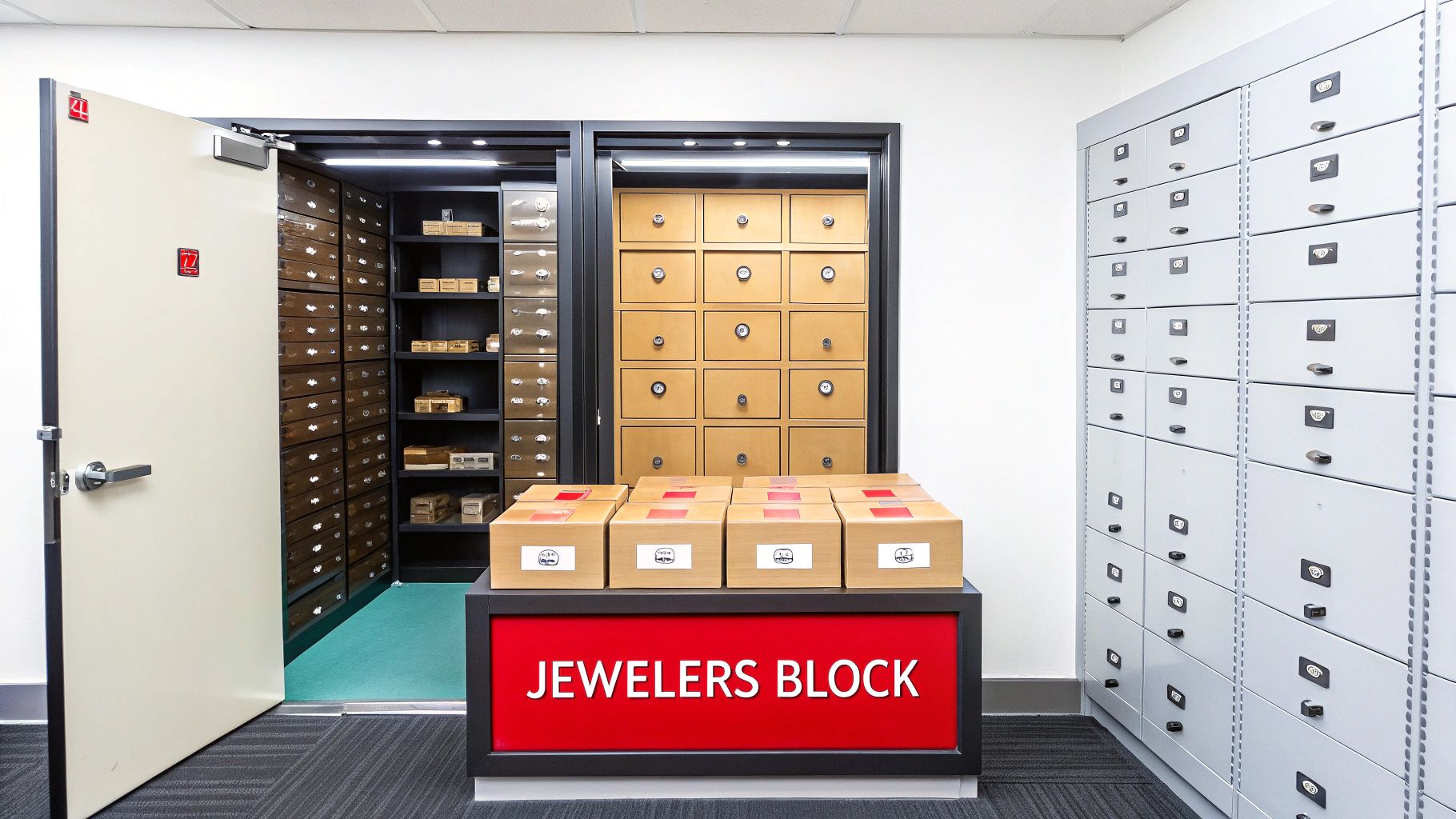 A secure vault room with numerous safe deposit boxes, an open door, and a 'JEWELERS BLOCK' display.