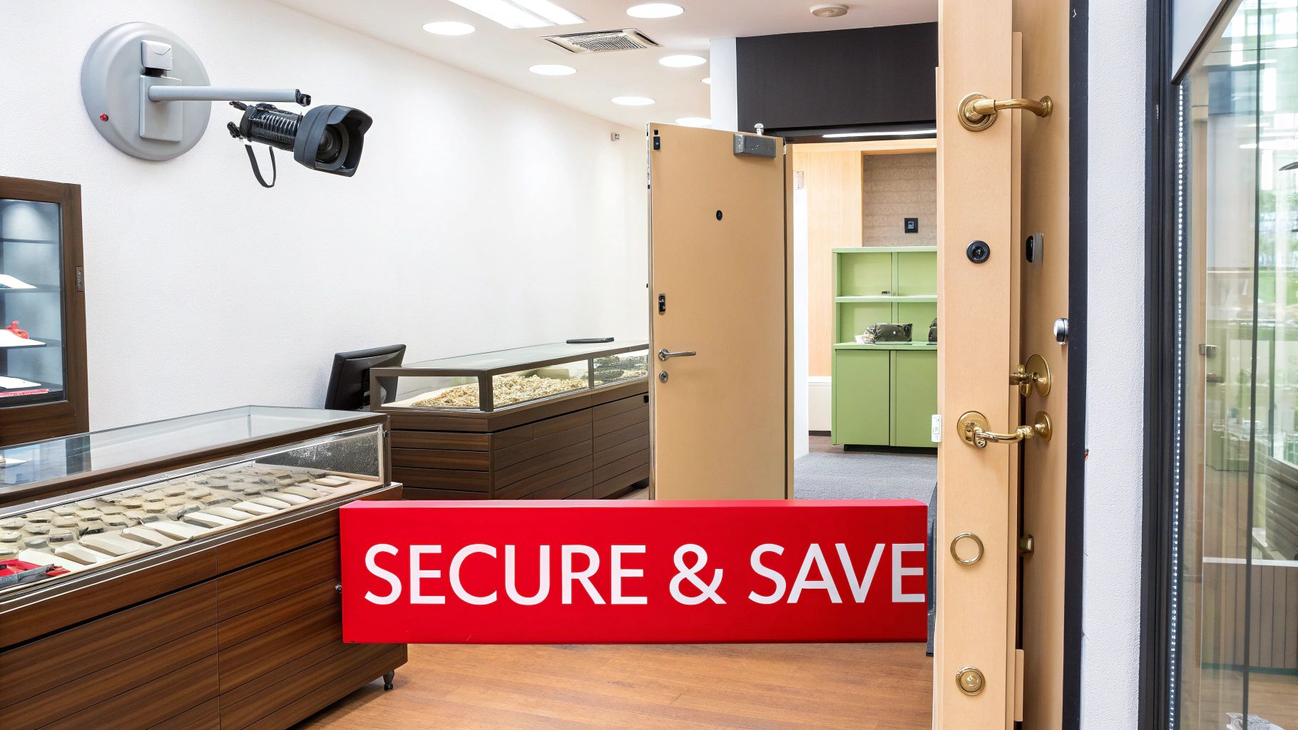 Interior of a secure jewelry store with display cases, a security camera, and a 'SECURE & SAVE' sign.