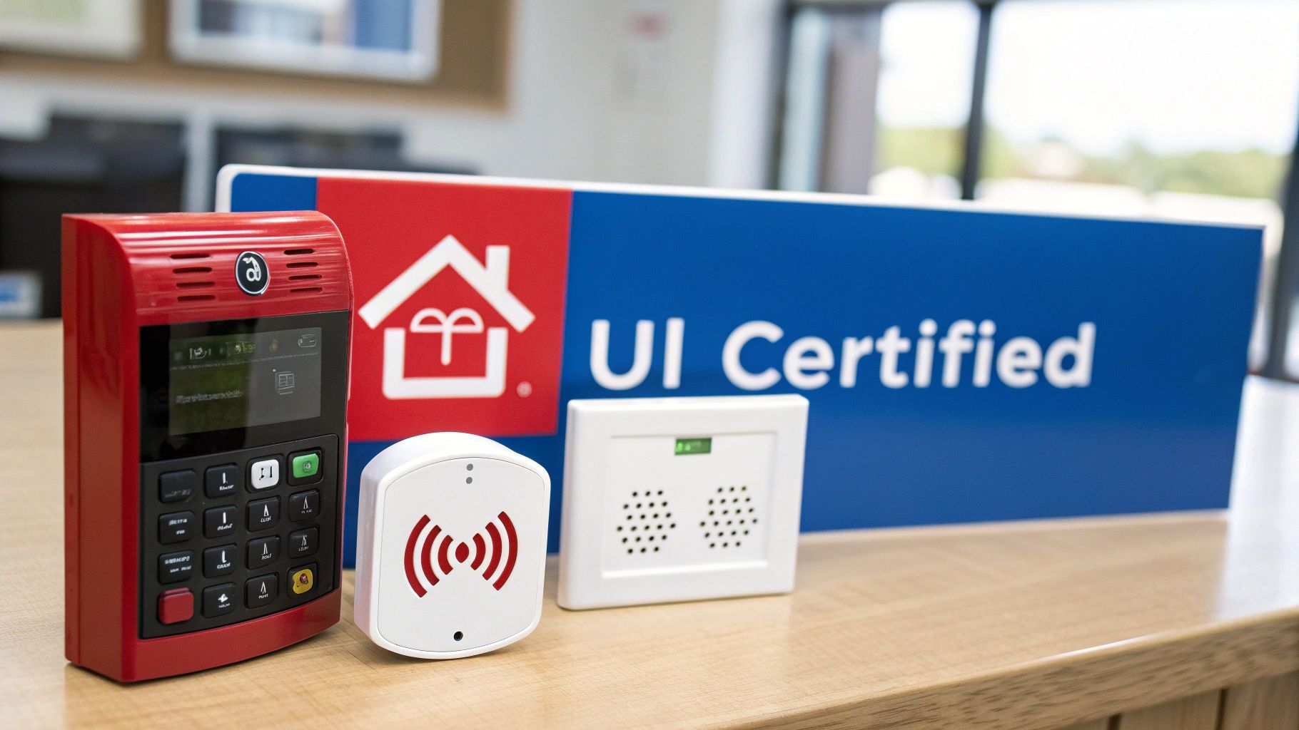 A red alarm system control panel, wireless sensor, and speaker on a table with a 'UI Certified' sign.