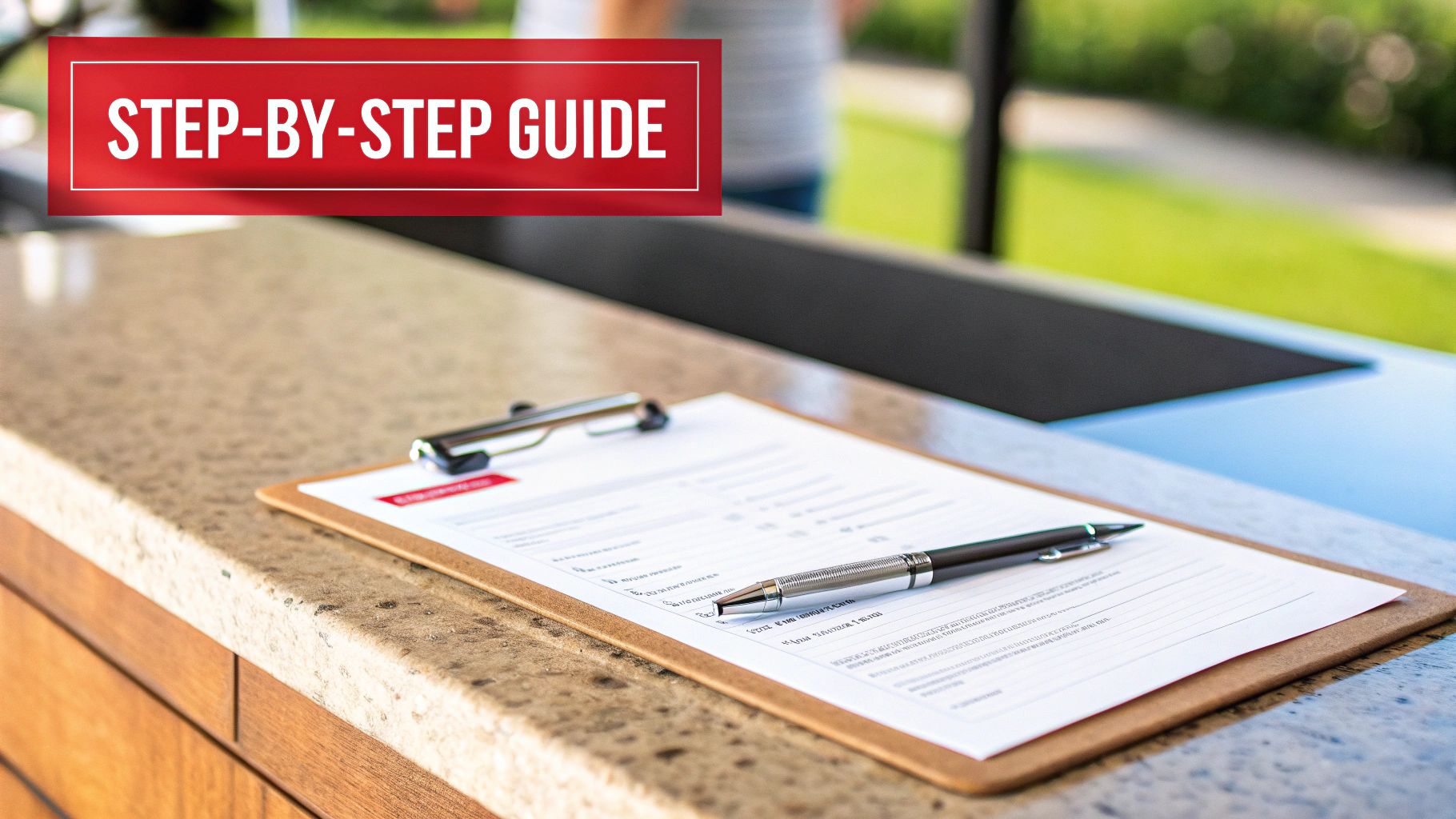 A clipboard with a pen and paperwork on a granite counter, with a red "STEP-BY-STEP GUIDE" banner above.