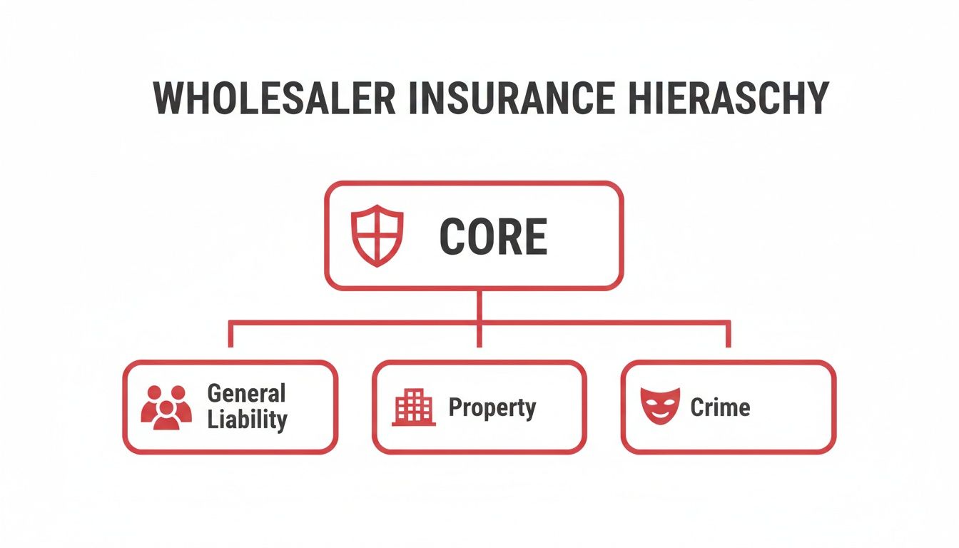 A hierarchy chart illustrating wholesaler insurance with CORE, General Liability, Property, and Crime categories.