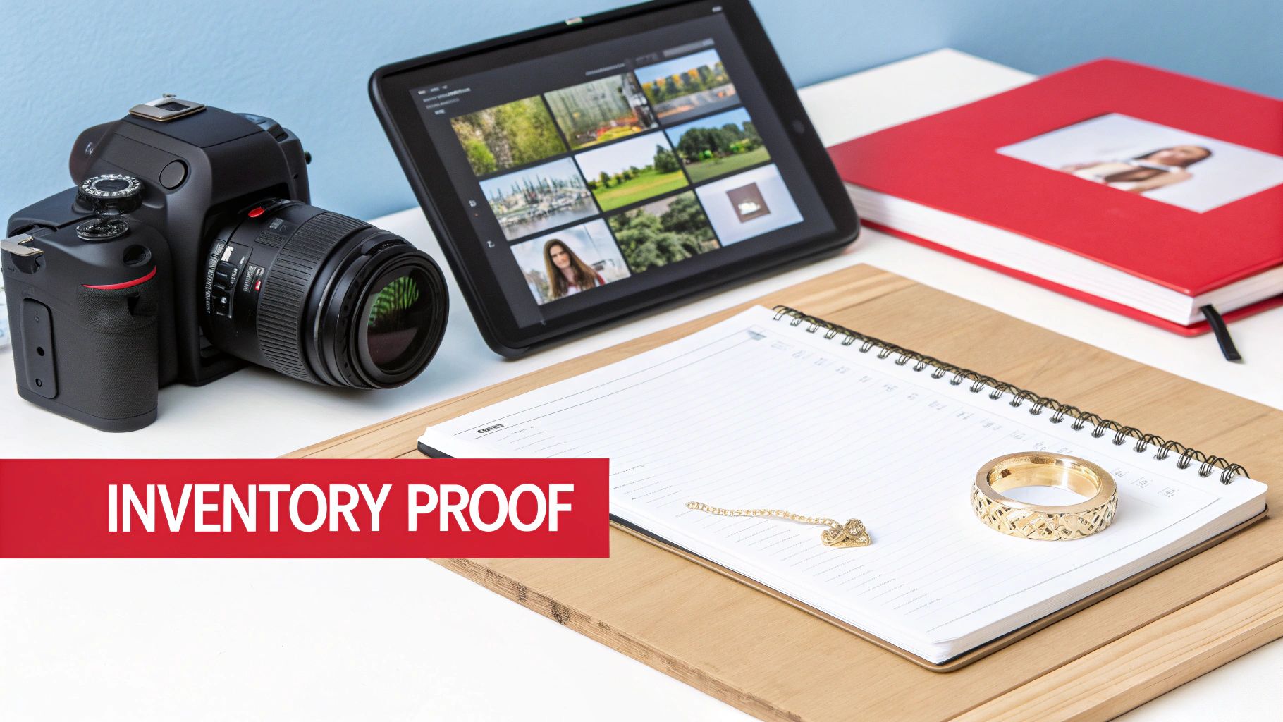 Camera, tablet, notebook, gold ring, and necklace on a desk, representing inventory proof for valuables.