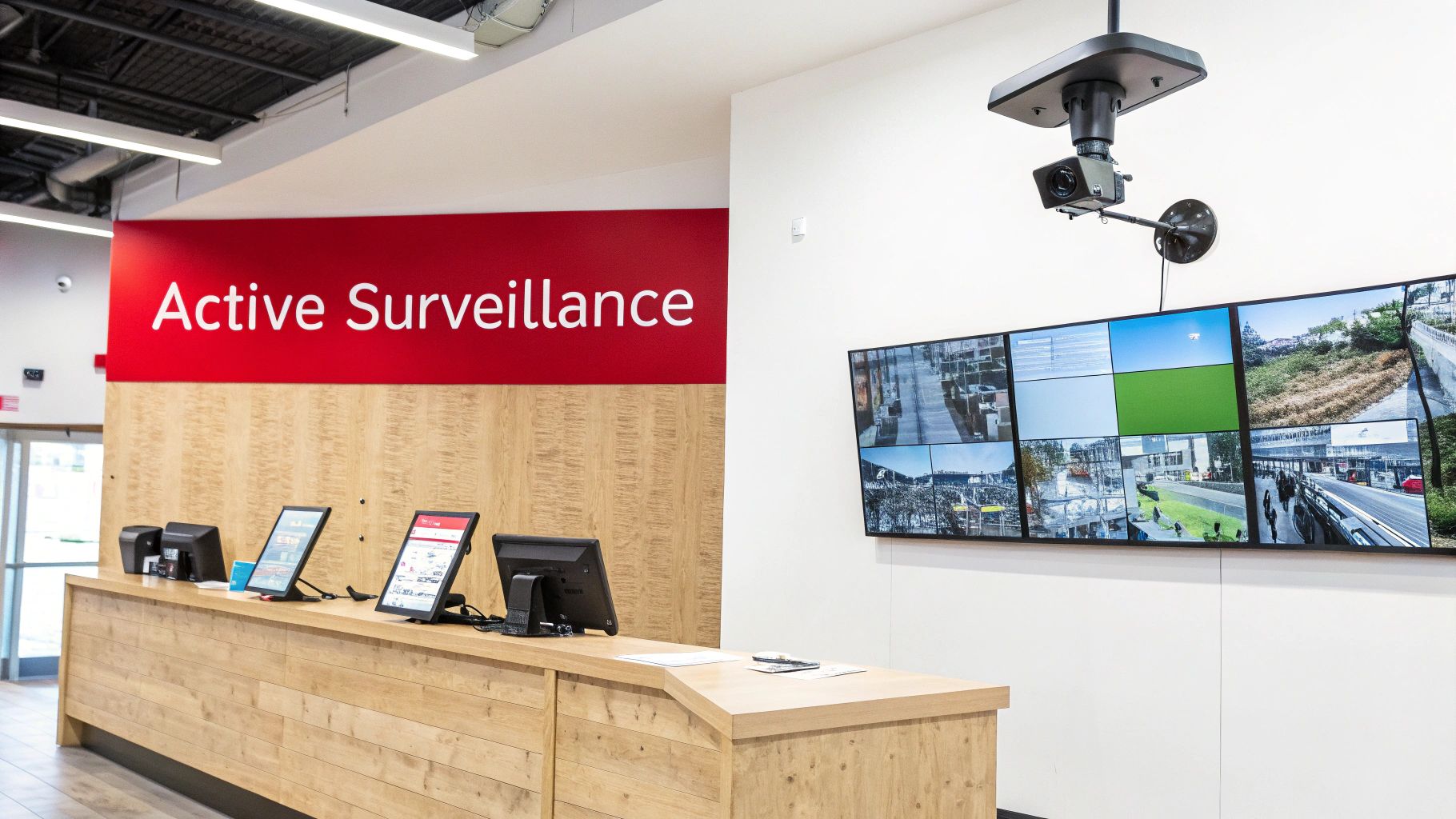 An interior view of a security desk with an 'Active Surveillance' sign, computers, and a wall of surveillance monitors.