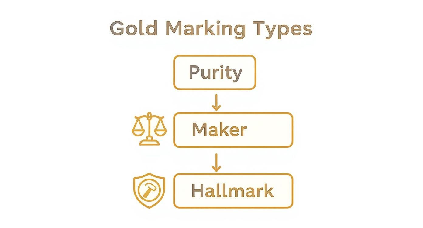 Flowchart showing gold marking types: Purity, Maker (with scale icon), and Hallmark (with hammer icon).