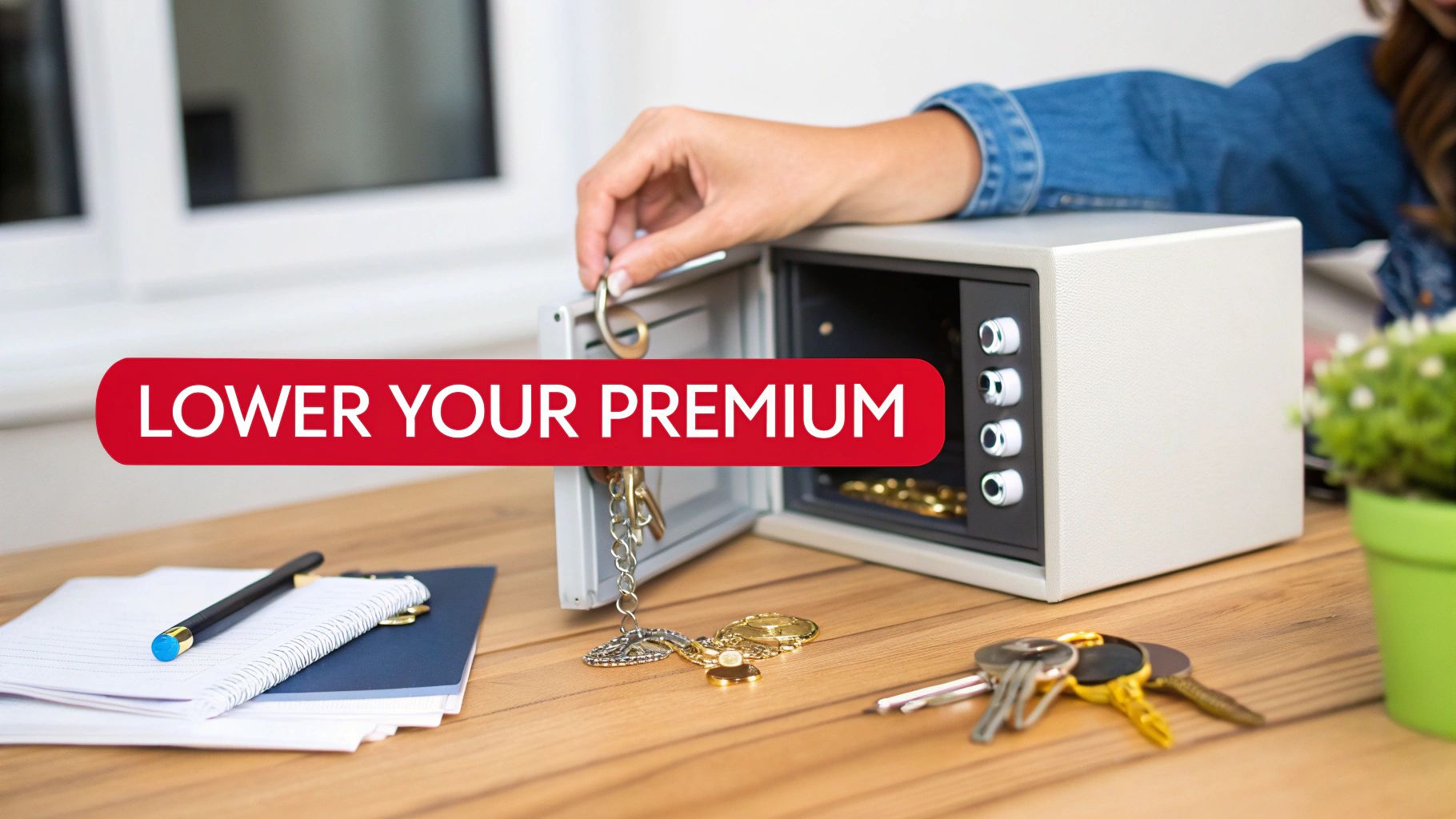A person's hand places a ring into a small home safe, with keys and a notebook on a wooden desk.