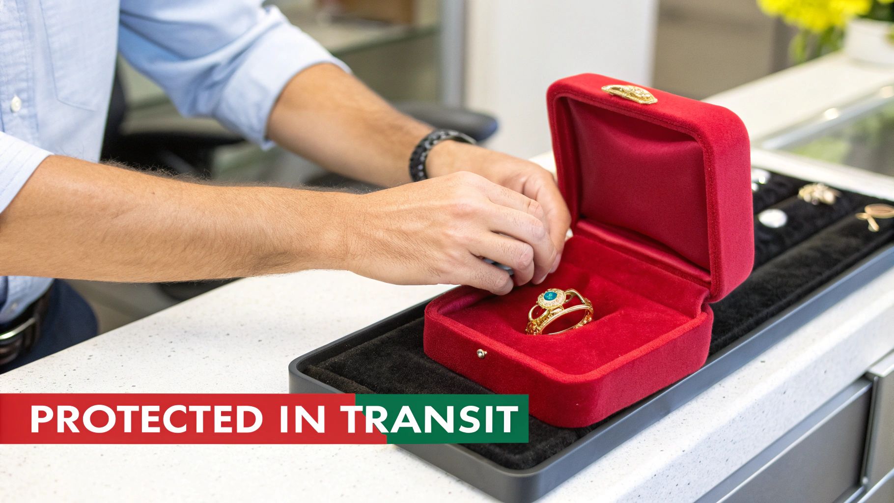 Hands securing a golden ring with a blue gem in a red velvet box on a counter, text 'PROTECTED IN TRANSIT'.