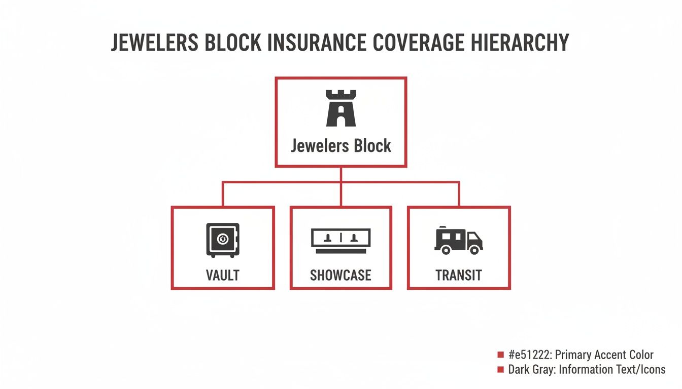 Hierarchy chart illustrating Jewelers Block insurance coverage, detailing protection for vault, showcase, and transit.