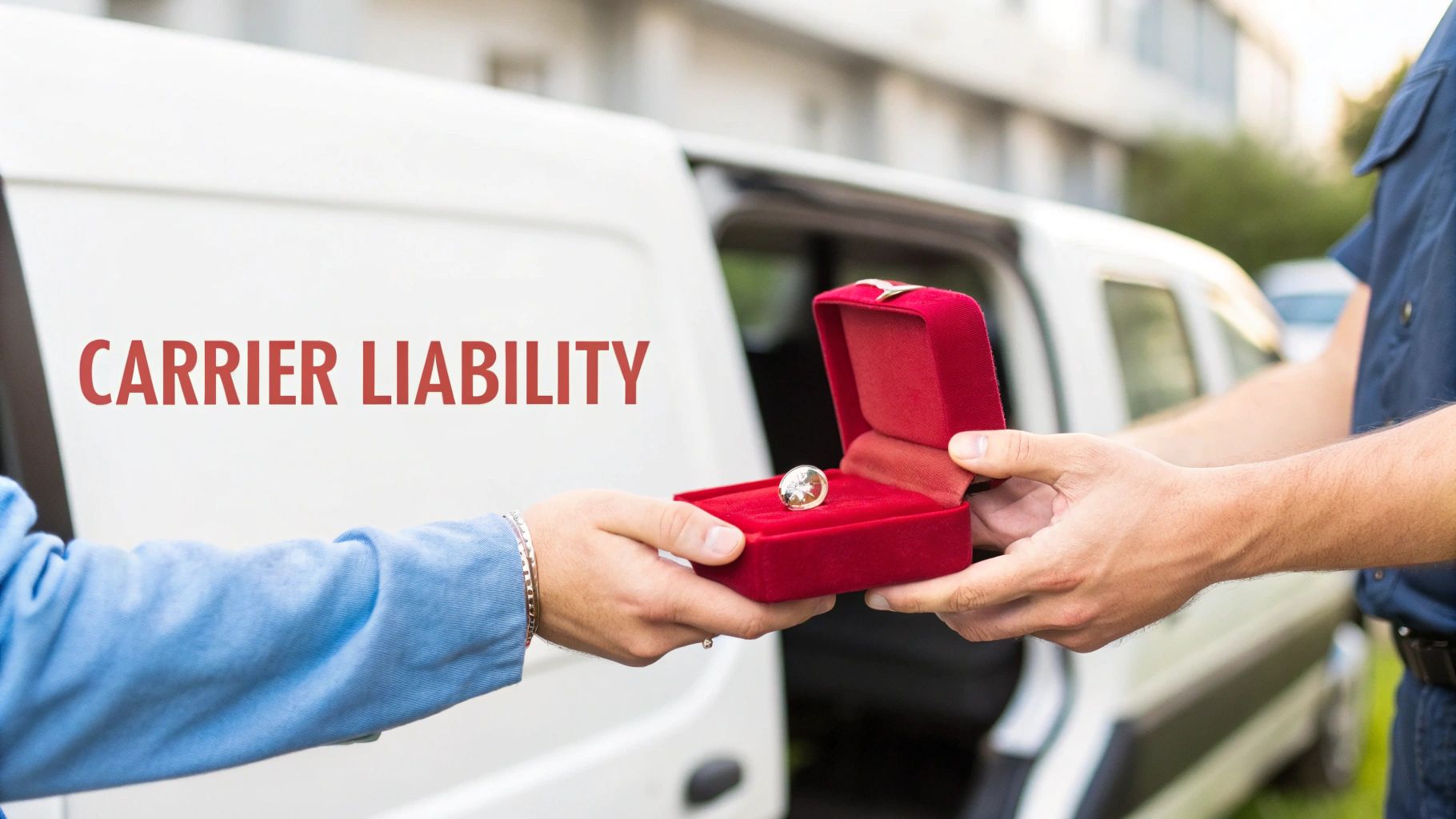 Two hands exchange a red velvet box with a valuable coin, representing cargo delivery by a carrier.