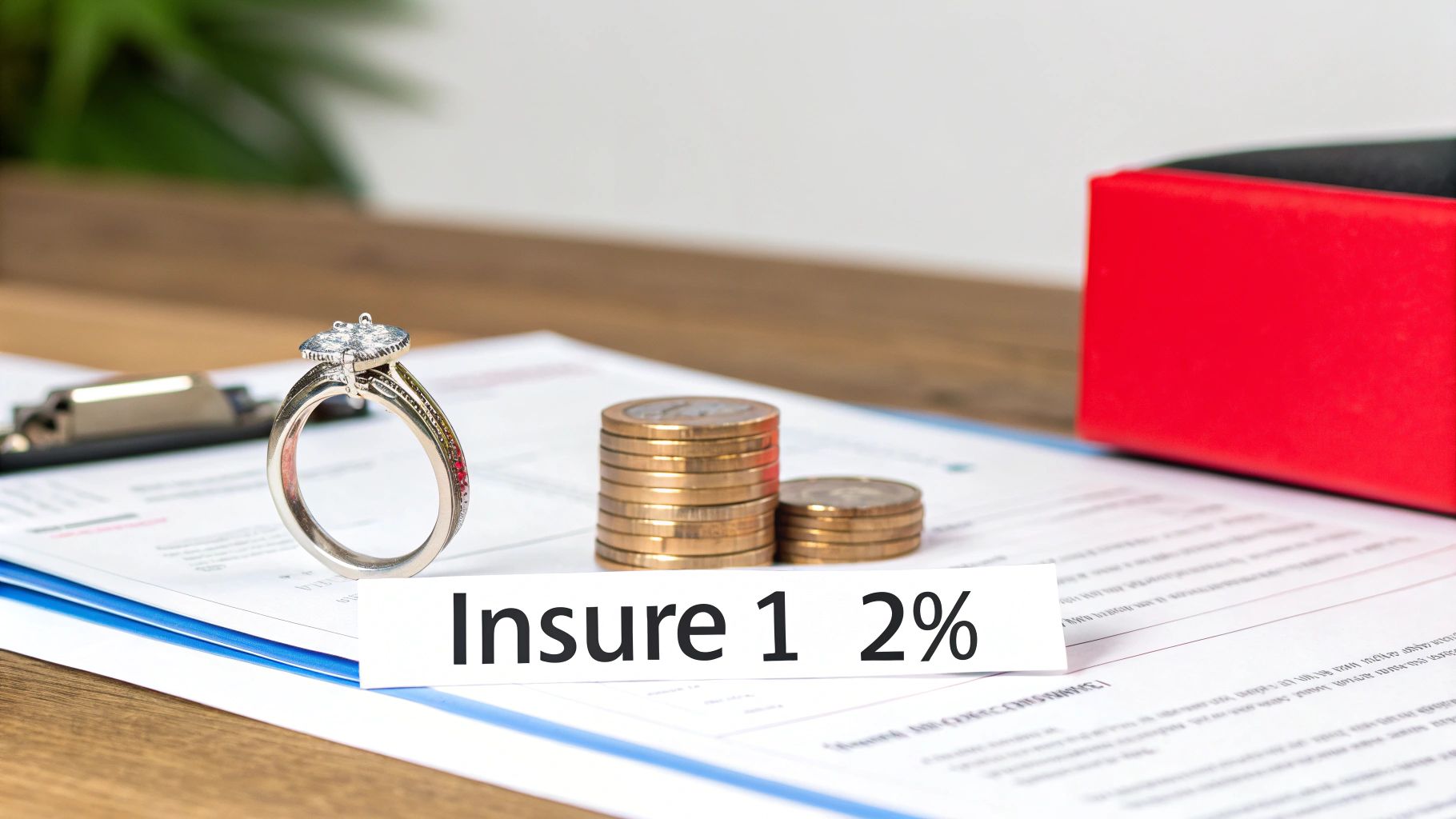 Diamond engagement ring, stacked coins, and documents with 'Insure 1 2%' text, symbolizing insurance costs.