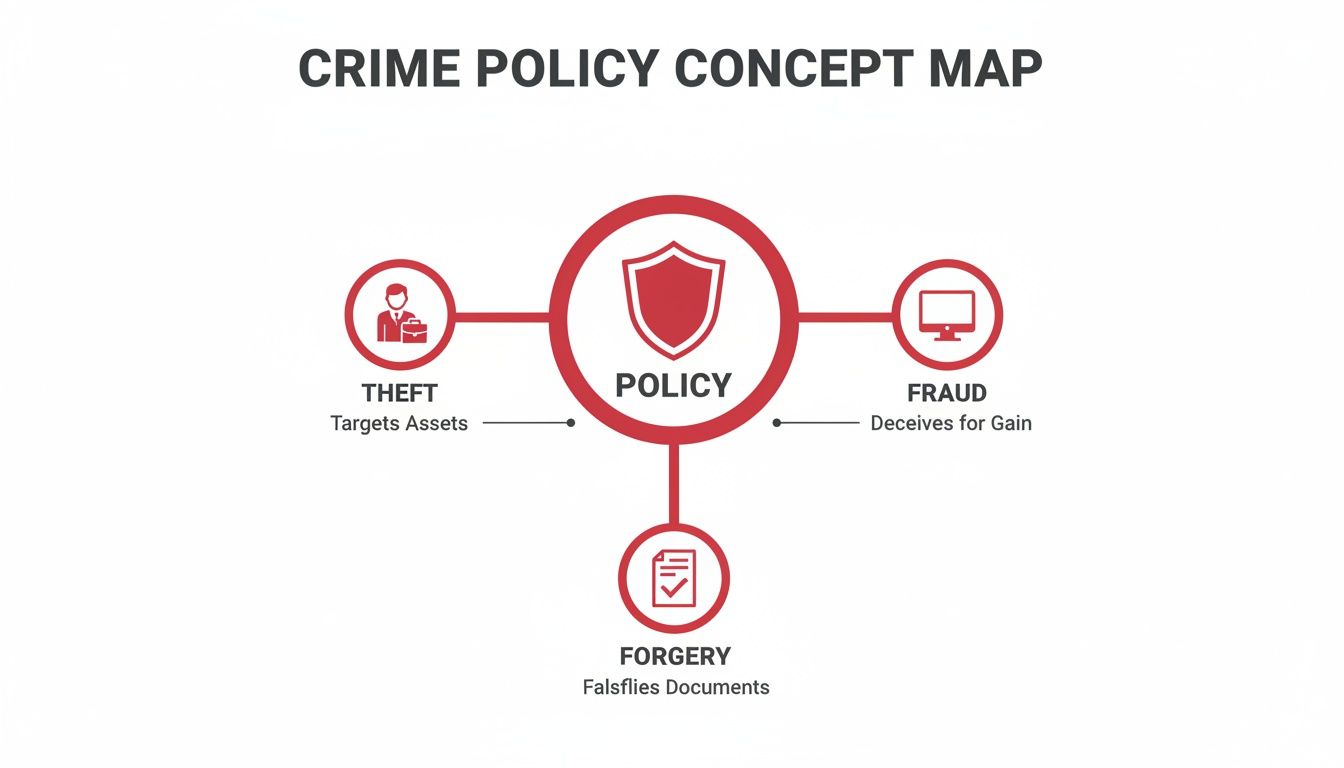 A concept map explains a crime policy, detailing theft, fraud, and forgery with their definitions.